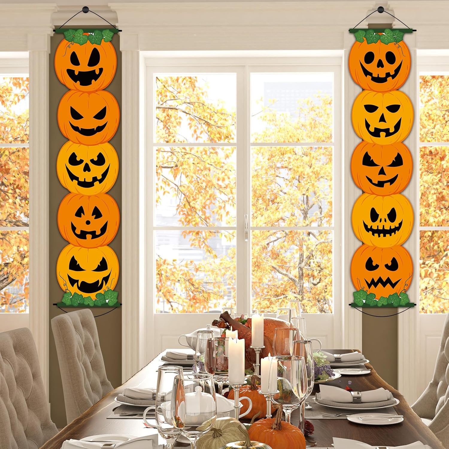 2 carteles de calabaza de Halloween para porche, decoración de fiesta de Halloween, cartel de truco o trato, letrero de puerta colgante de calabaza