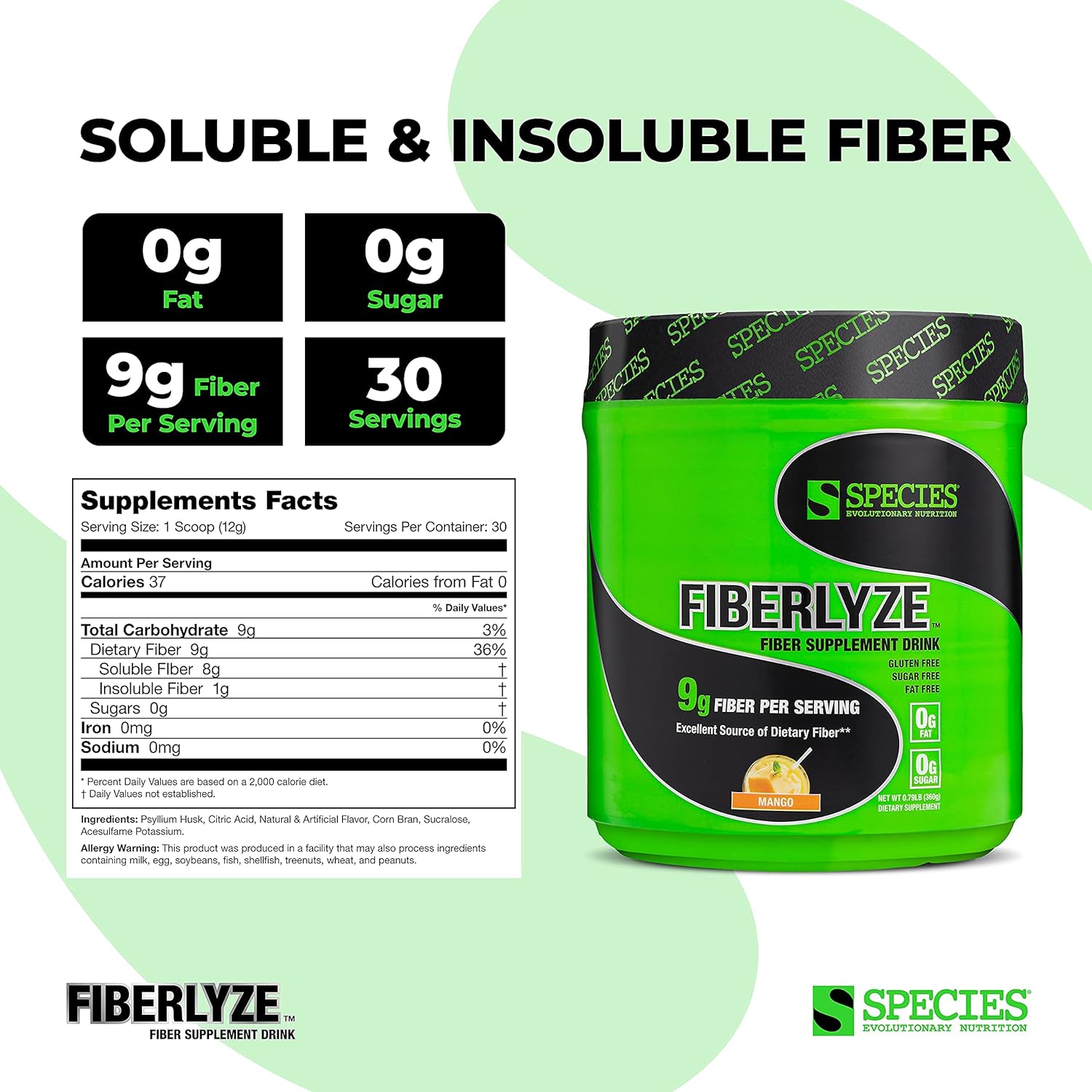 Species Nutrition Suplemento de fibra Fiberlyze, polvo de fibra soluble e insoluble a base de psyllium para colon saludable, funciones digestivas