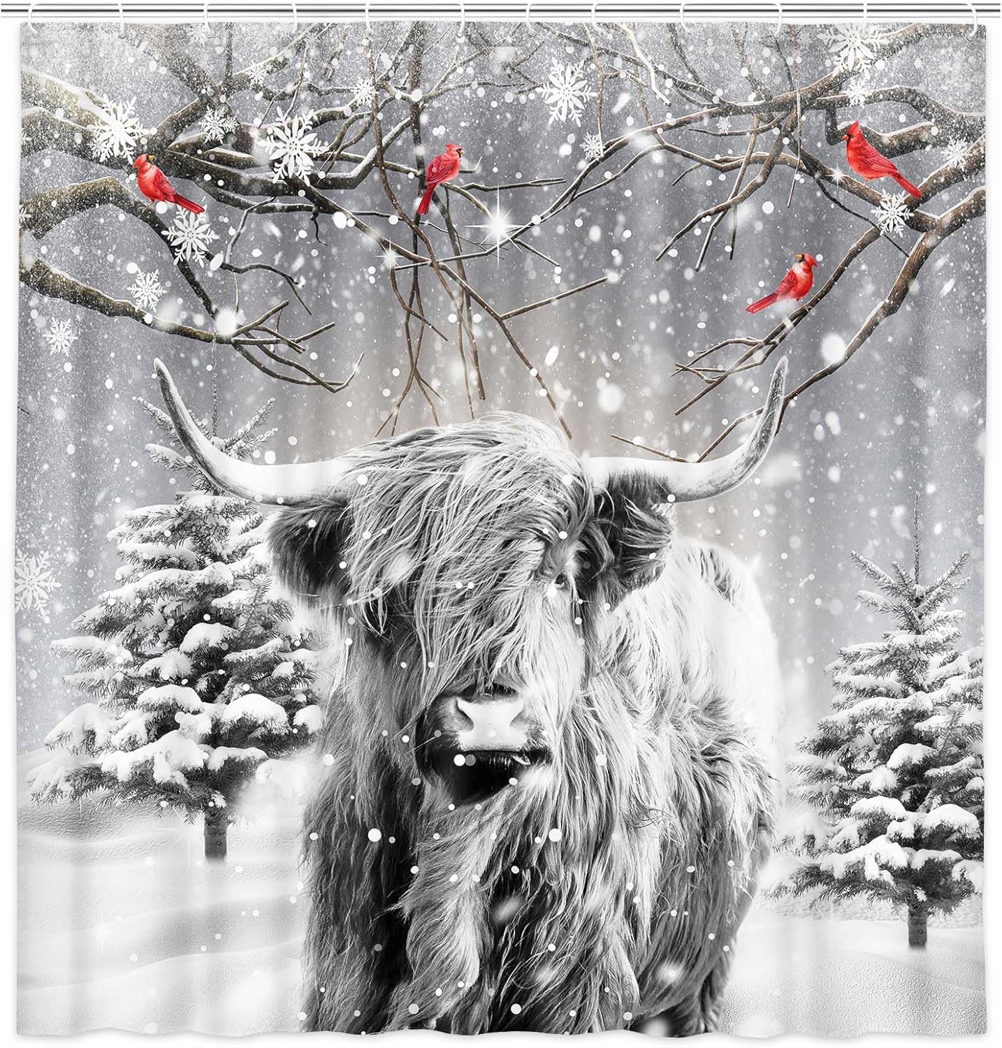 Bcsewcg Juego de cortina de ducha gris de vaca de las montañas navideñas, cortina de ducha divertida de vaca occidental, bosque de invierno, nieve,