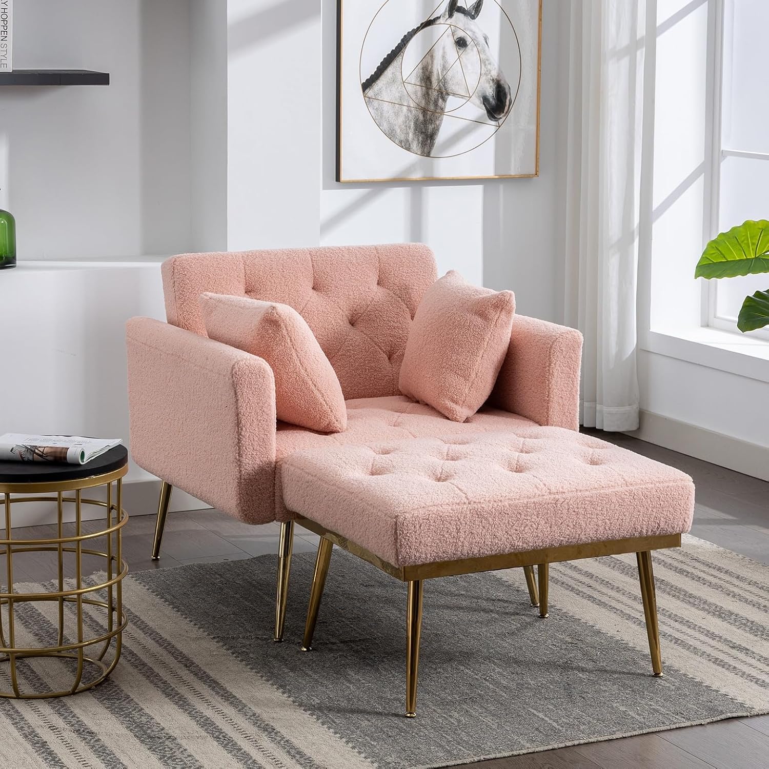 Silla decorativa moderna Sherpa de 36.61 pulgadas de ancho con respaldo ajustable de 3 ángulos + 2 almohadas, sillón reclinable y otomano para sala