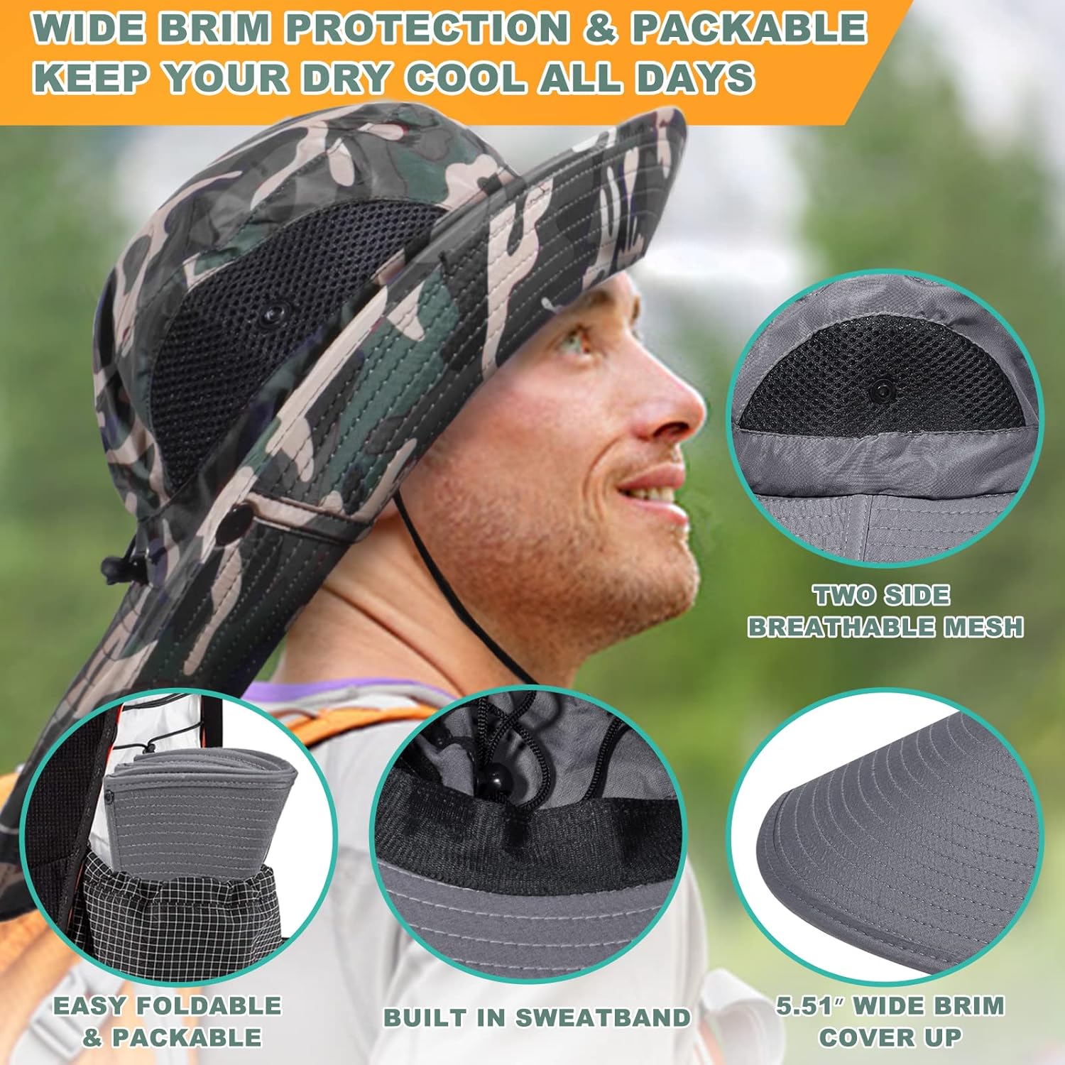 Sombrero de sol de ala súper ancha para hombres y mujeres, camuflaje verde.., Gris (Deep Grey)