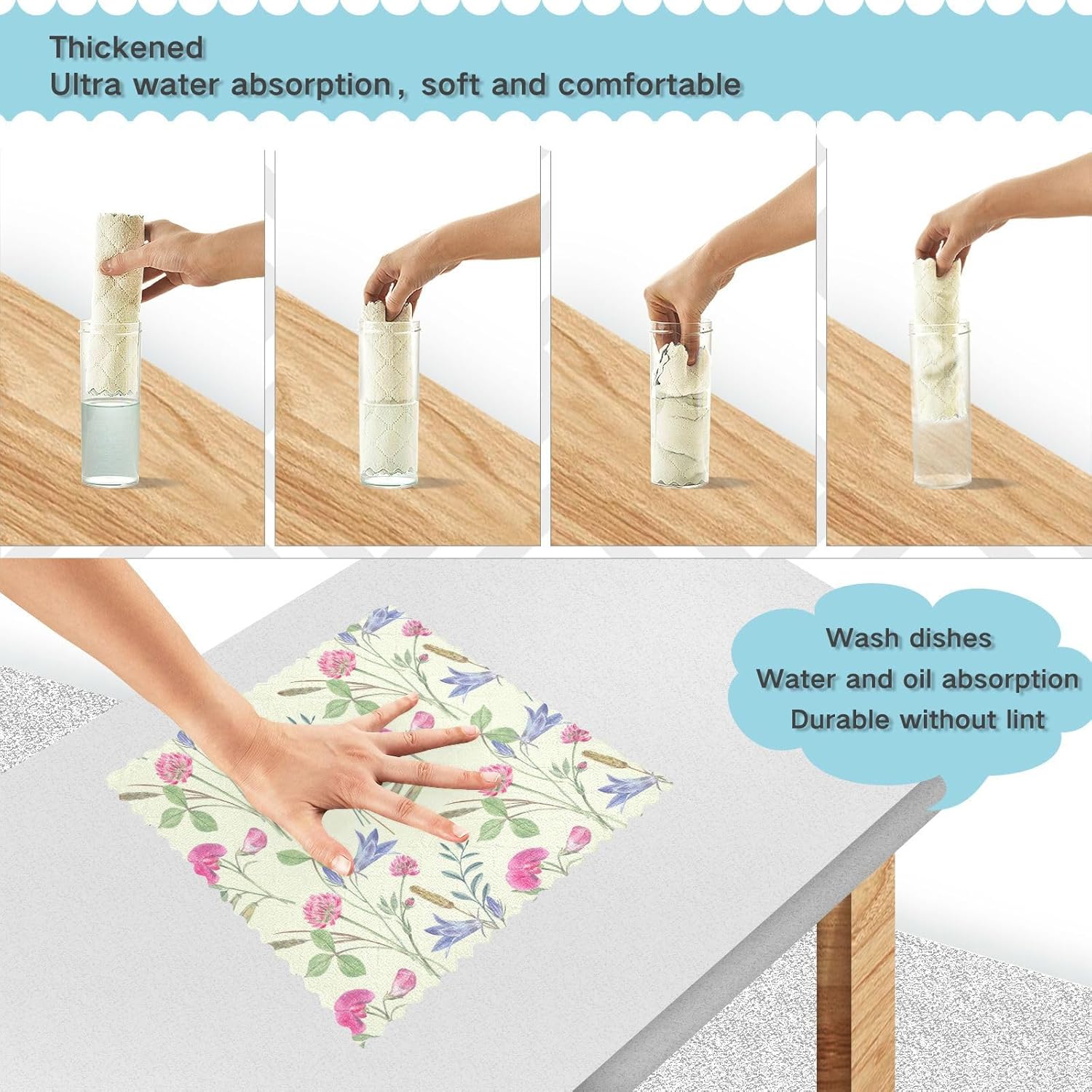 Pink Purple Wildflowers Industrial Cotton Print Microfiber Kitchen Towels Fast Drying Set of 6 Microfiber Absorbant Towel for Countertop