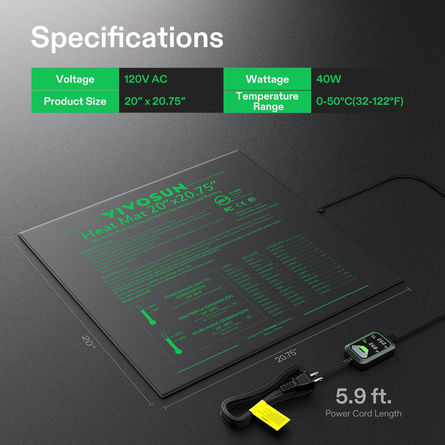 VIVOSUN Alfombrilla térmica de 20 x 20.75 pulgadas con controlador de temperatura integrado, certificado UL y MET, almohadilla térmica impermeable