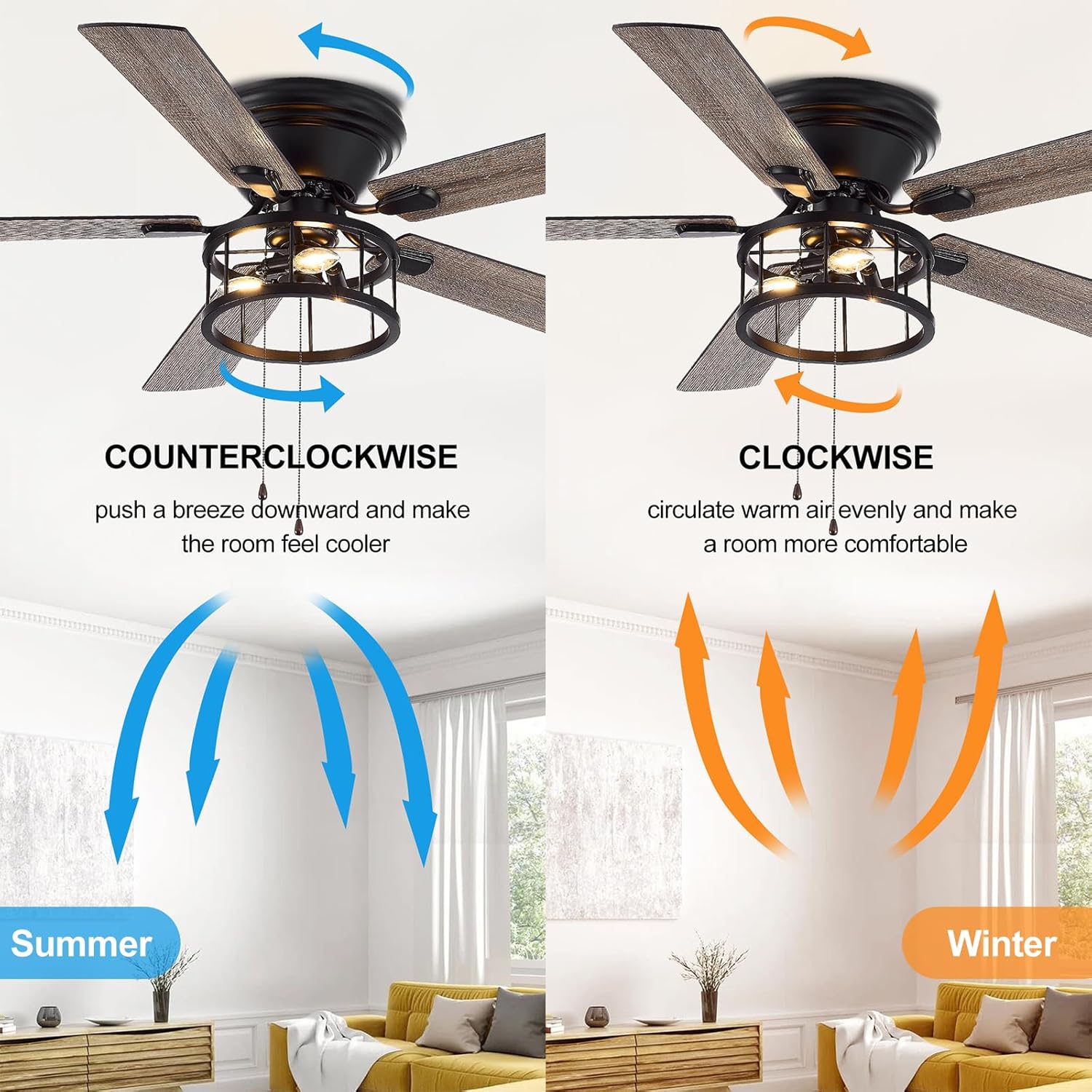 Ventilador de techo de montaje empotrado de 52 pulgadas con cadena de luz, 5 cuchillas reversibles, lámpara de techo de iluminación de cristal de