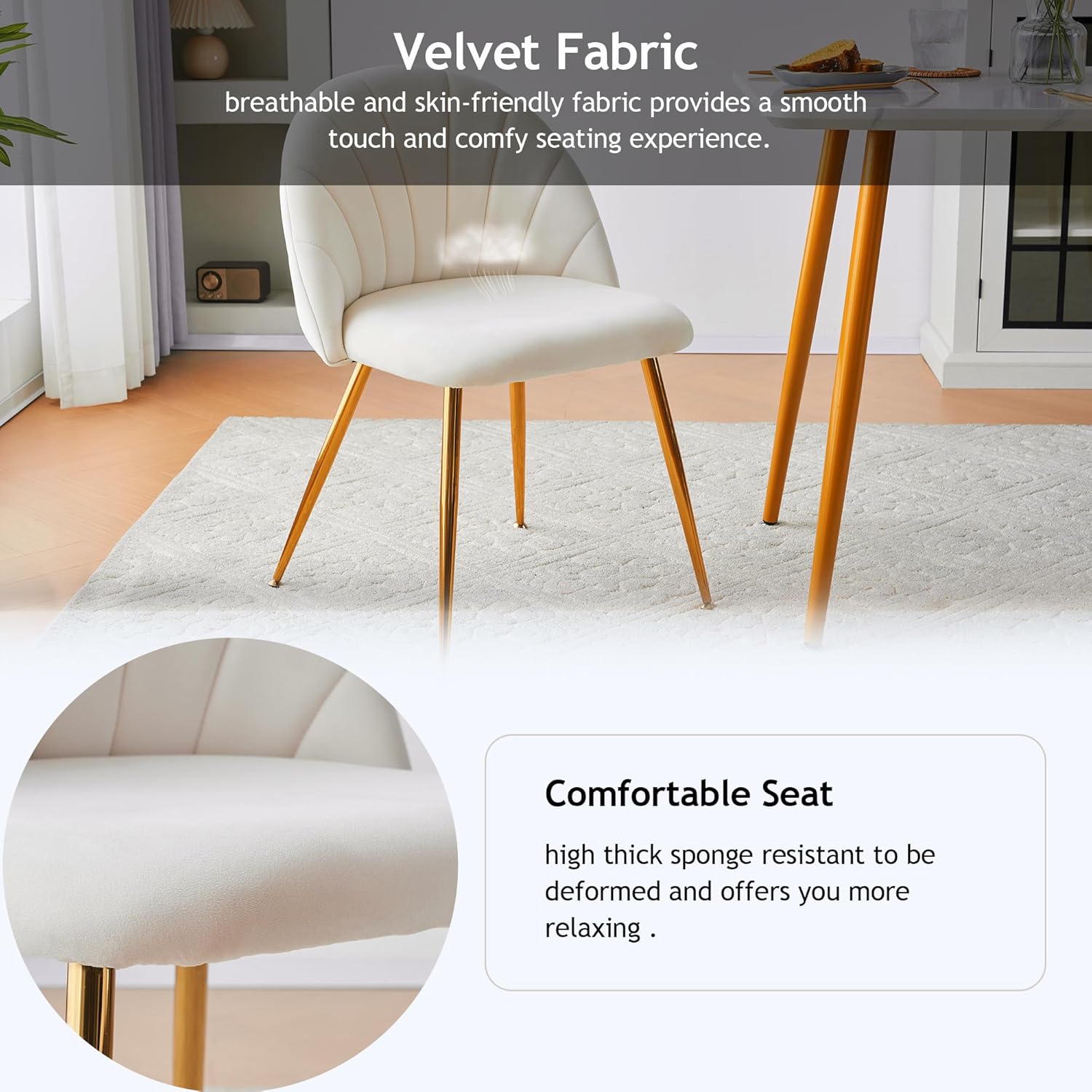 THEETHUNG Velvet Upholstery Dining Chair Set of 2 with Gold Metal Legs, Fabric Dinner Chair, Mid Century Modern Kitchen Chair Mid Back for Bedroom
