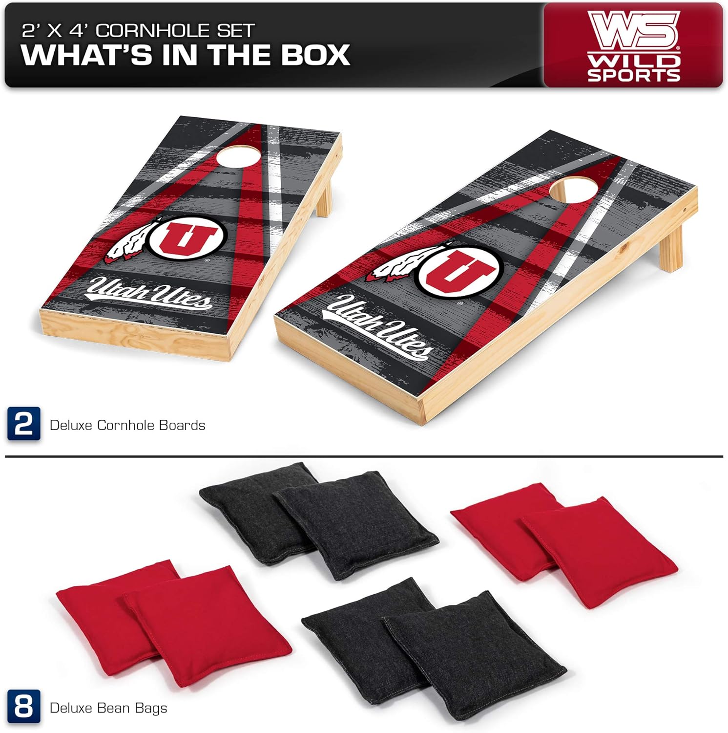 Wild Sports Juego de cornhole de madera de 2 x 4 pies, estampado directo, Utah Utes, perfecto para patio trasero, playa, parque, portones traseros,