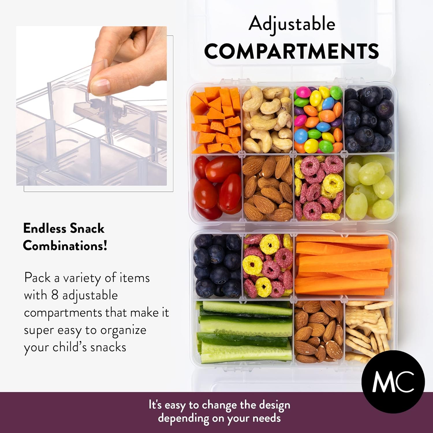 Juego de cajas de aperitivos para niños, 8 compartimentos, solución reutilizable para aperitivos con 100 etiquetas solubles, fácil de limpiar, apto