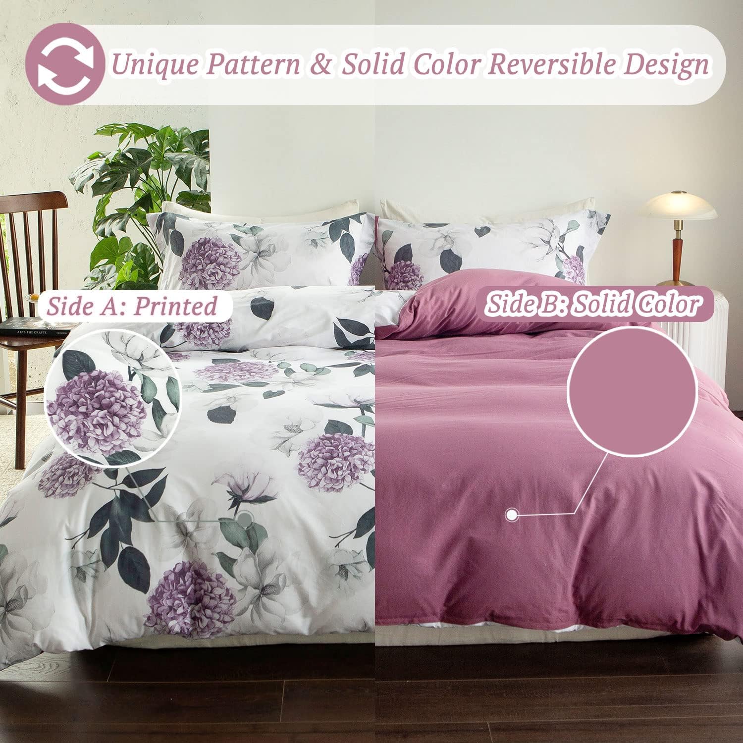 MILDLY Juego de funda de edredón 100% algodón lavado, juego de funda de edredón floral de hortensias moradas, juego de ropa de cama con cierre de