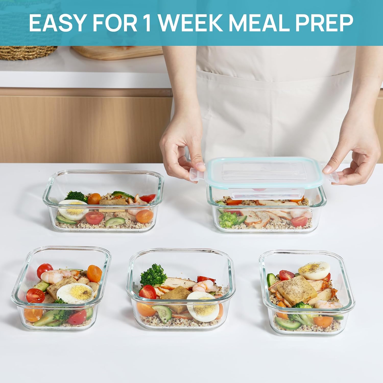 Vtopmart Paquete de 8 recipientes de vidrio para almacenamiento de alimentos con tapas herméticas, recipientes de vidrio para preparación de