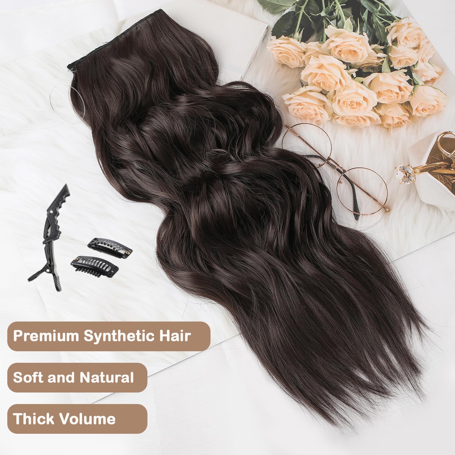 Extensiones de cabello tipo halo de 20 pulgadas, con alambre invisible, largo, ondulado, marrón chocolate, extensiones de cabello para mujer, tamaño