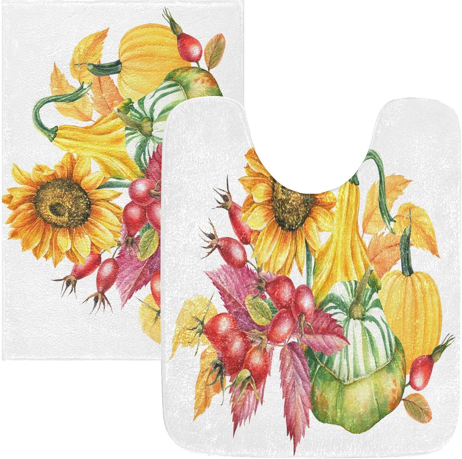 Bathroom Rugs Sets 2 Piece 24×16+24×20 Inch,Soft U-Shaped Contour Toilet Rug Pumpkin Sunflowers Non-Slip Absorbent Bath Floor Mat Carpet Set Water