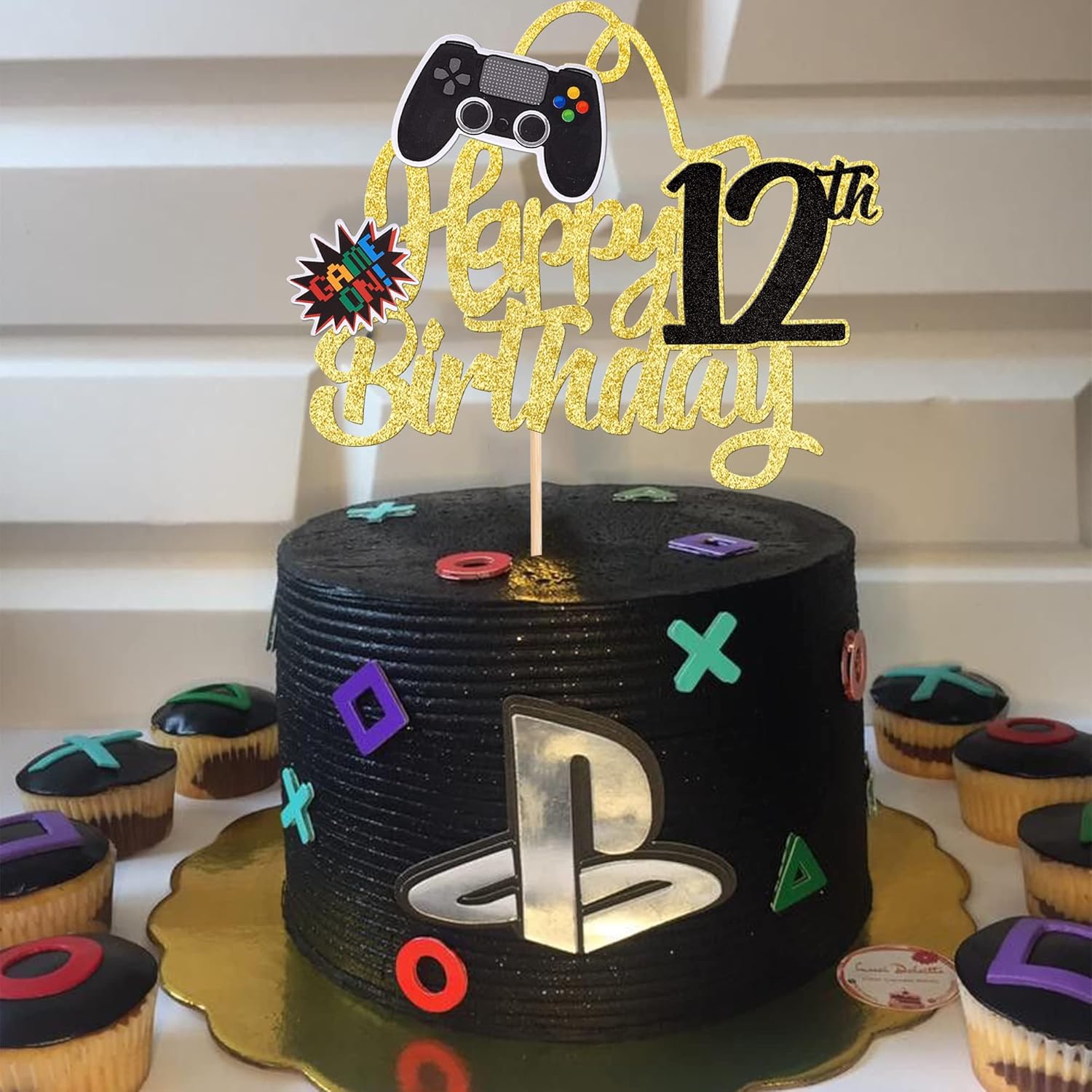 1 pieza de decoración de pastel de feliz cumpleaños 12 con purpurina para videojuego, juego de selección de pasteles en controladores, 12 saludos a