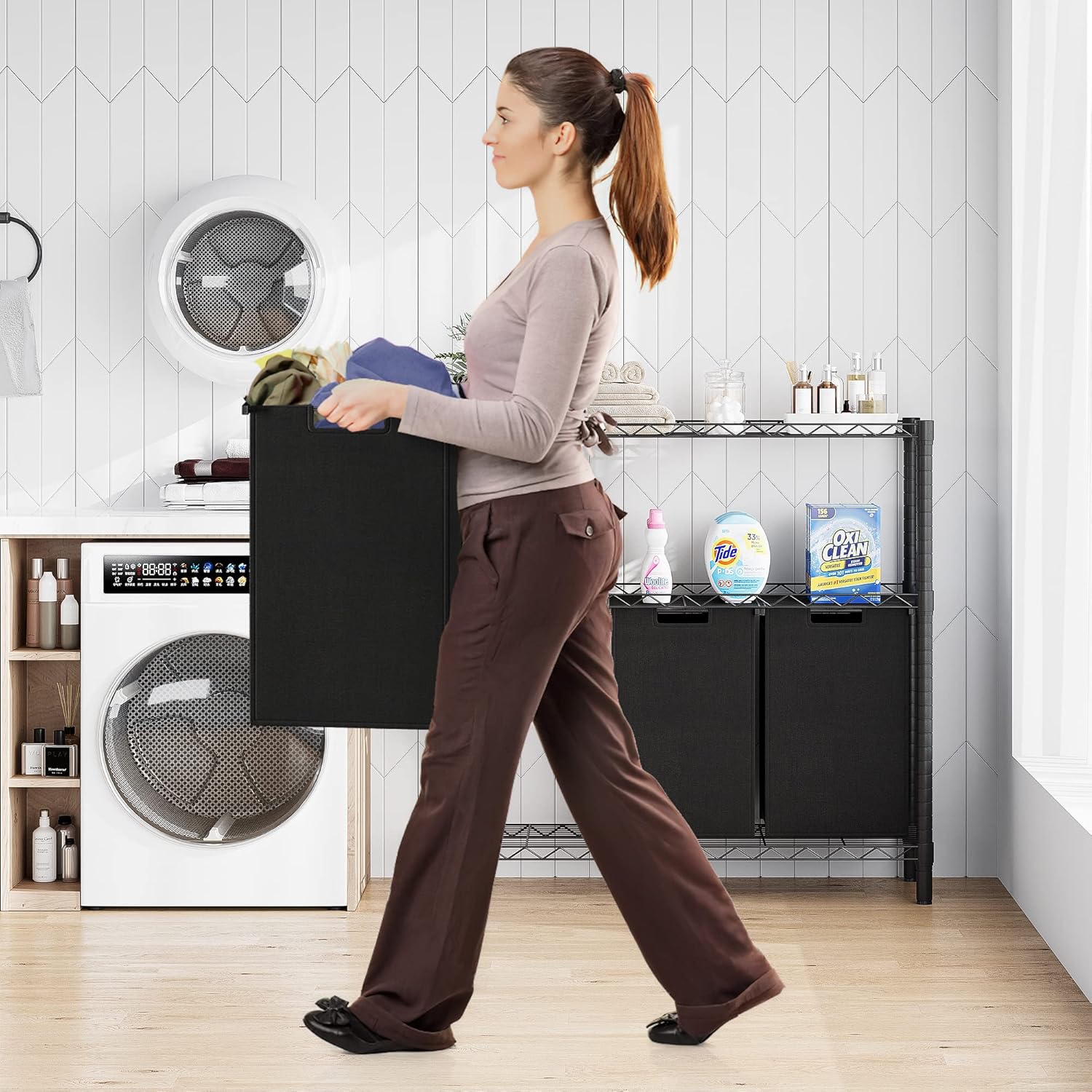 GAOMON Cesta de lavandería, organizador multifuncional para lavandería, clasificador de lavandería con bolsas extraíbles y asas reforzadas, estante