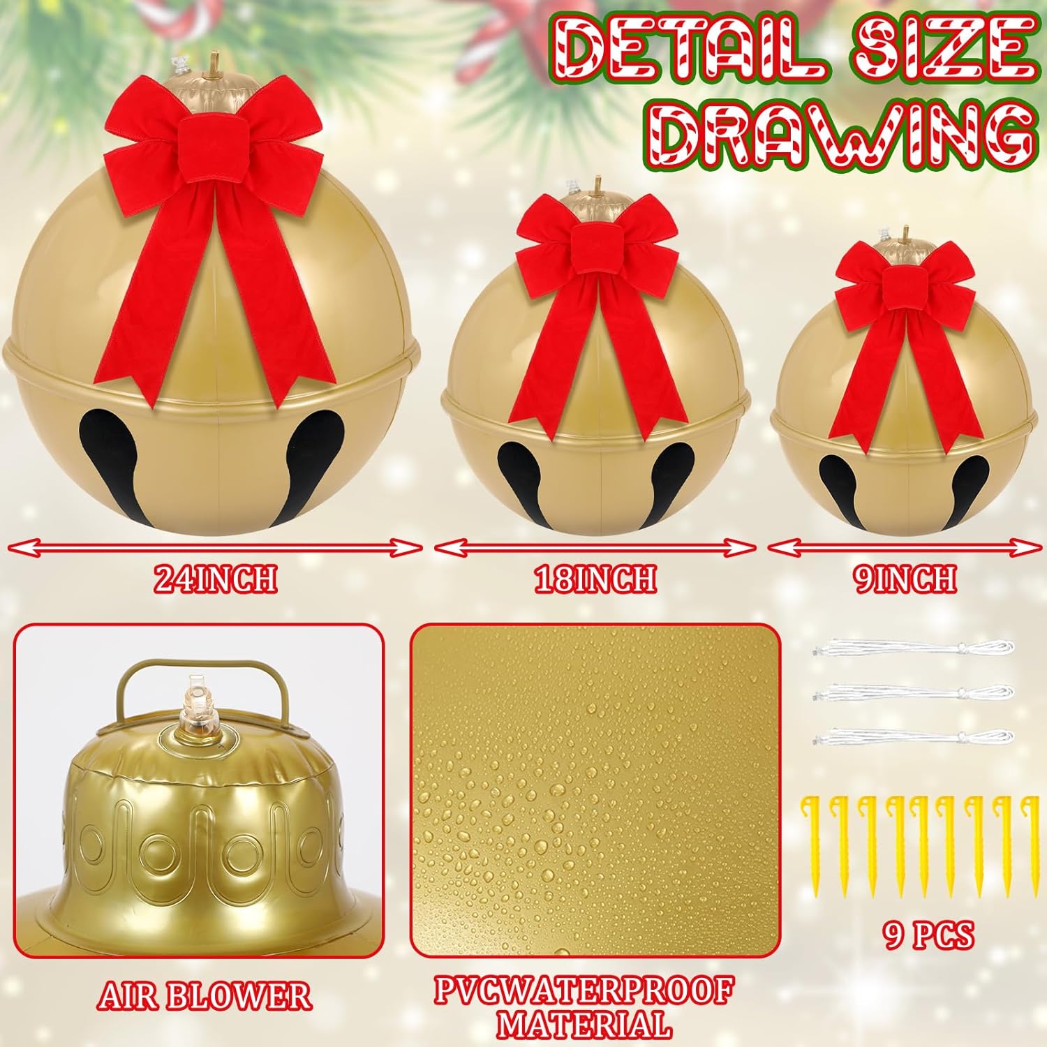 Jetec 3 cascabeles inflables gigantes de Navidad de 24189 pulgadas, bolas inflables de Navidad gigantes, adornos inflables para exteriores, con lazo