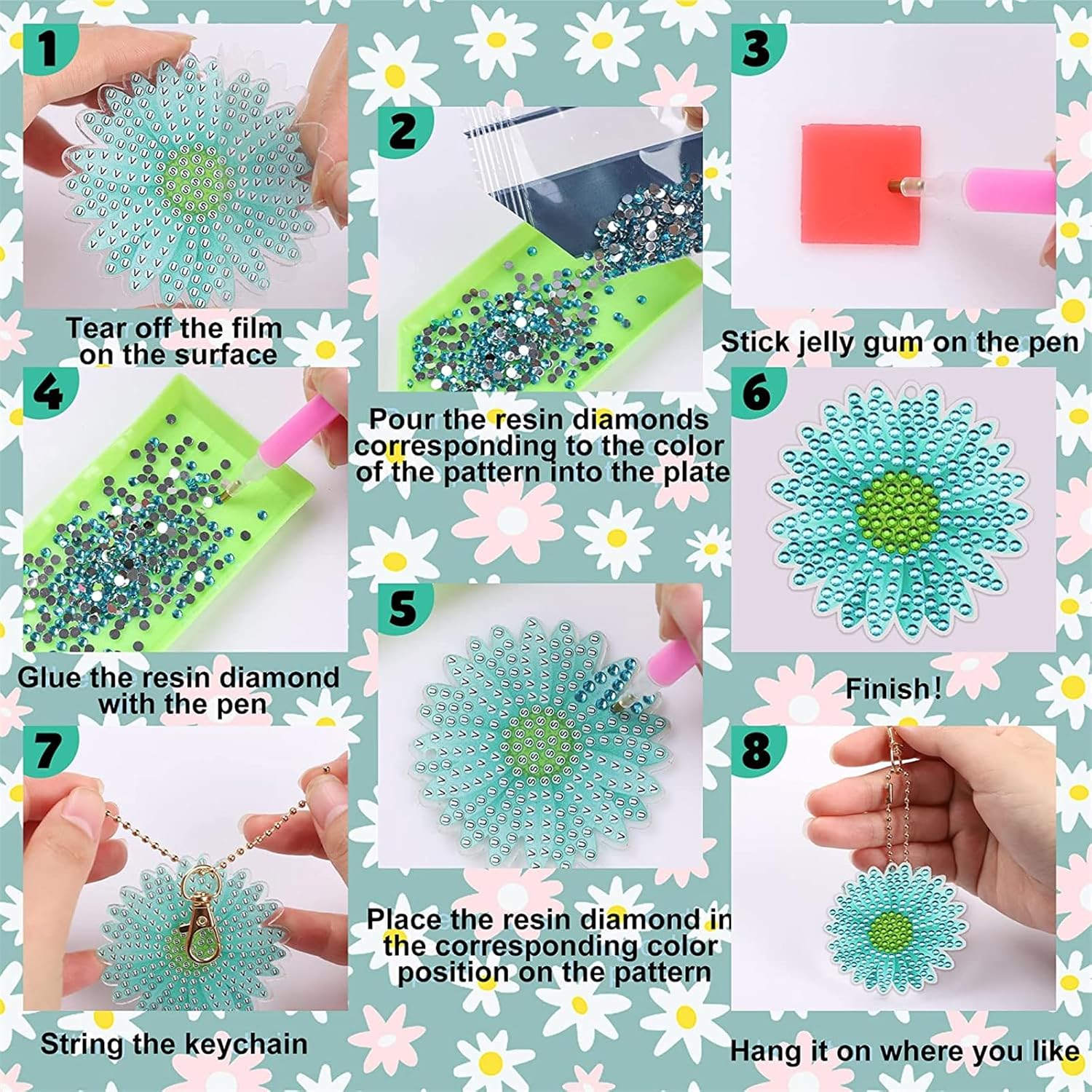 JeCuiK 12 llaveros de pintura de diamante de margarita, bricolaje 5D, llaveros de doble cara de taladro completo de flores colgantes de diamantes