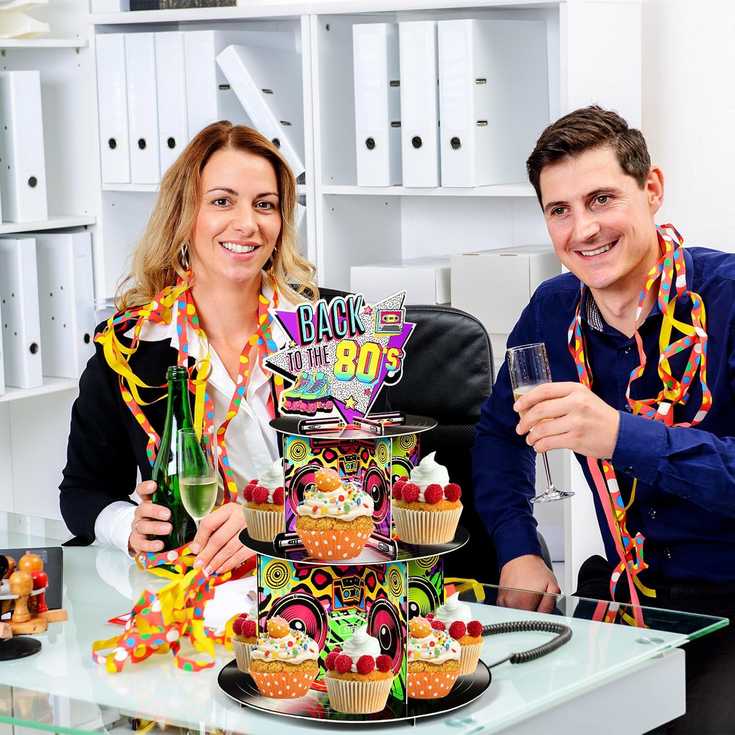 Zopeal Soporte para cupcakes de 3 niveles de los 80, decoración de fiesta, retro, de los años 80, hip hop, soporte para tartas de regreso a los 80,