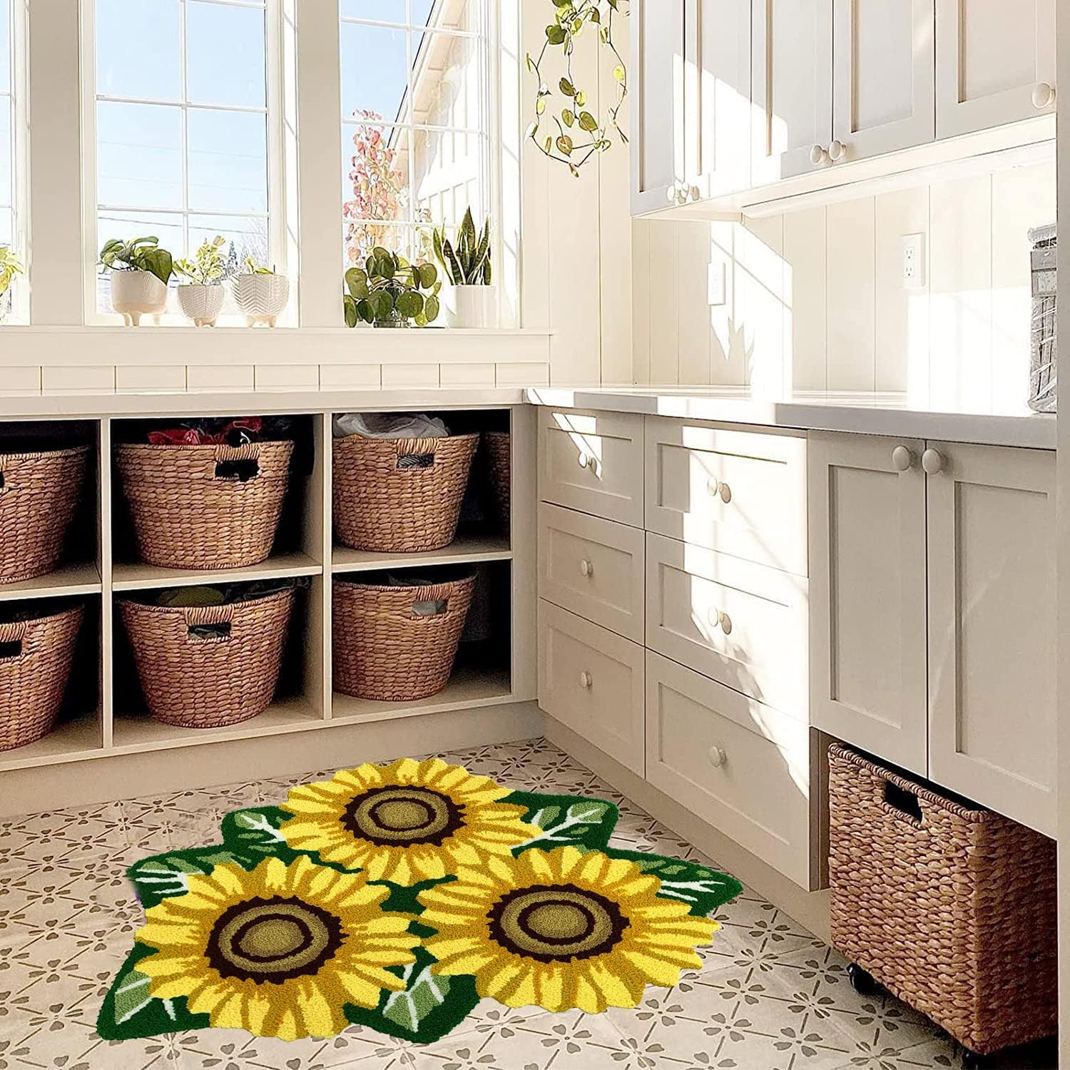 ABREEZE Alfombra de algodón tejida a mano con forma de girasol, alfombra lavable de baño, alfombra de interior para porche delantero, granja,