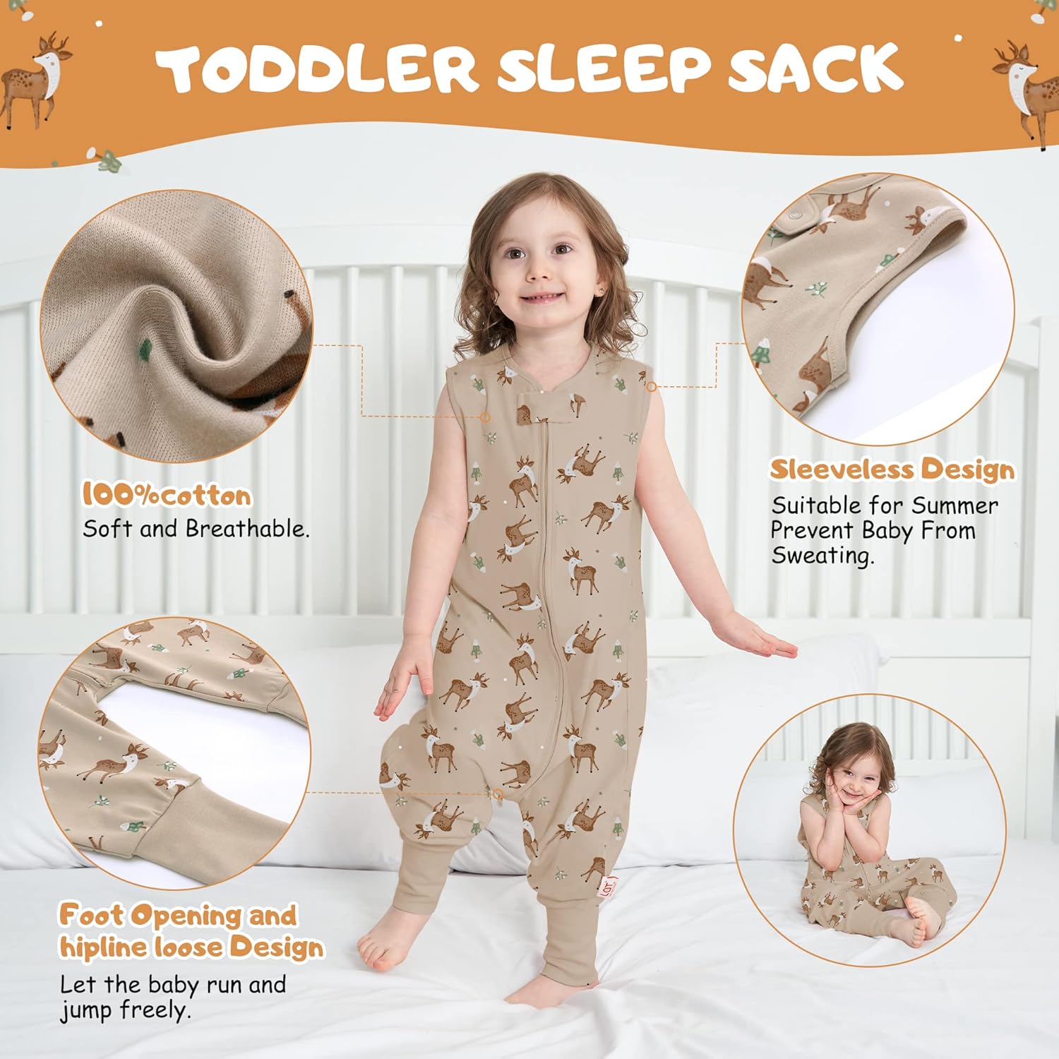 LAT – Saco de dormir para bebé, saco de dormir de algodón sin mangas para niños pequeños con piernas, manta con cremallera 6M-4T