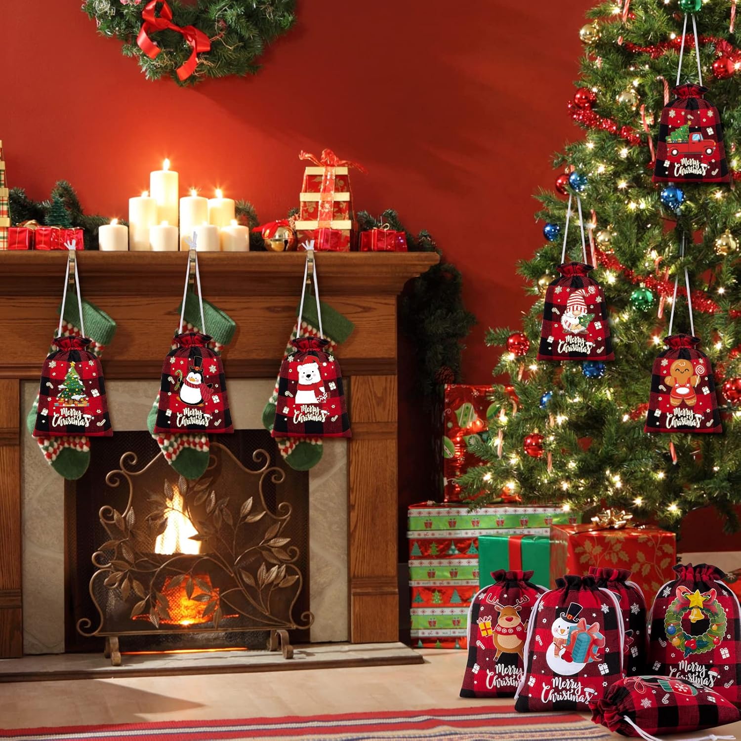 72 bolsas de arpillera con cordón de Navidad, bolsas de regalo de Navidad a cuadros, bolsas de arpillera para dulces de Navidad, pequeñas bolsas de