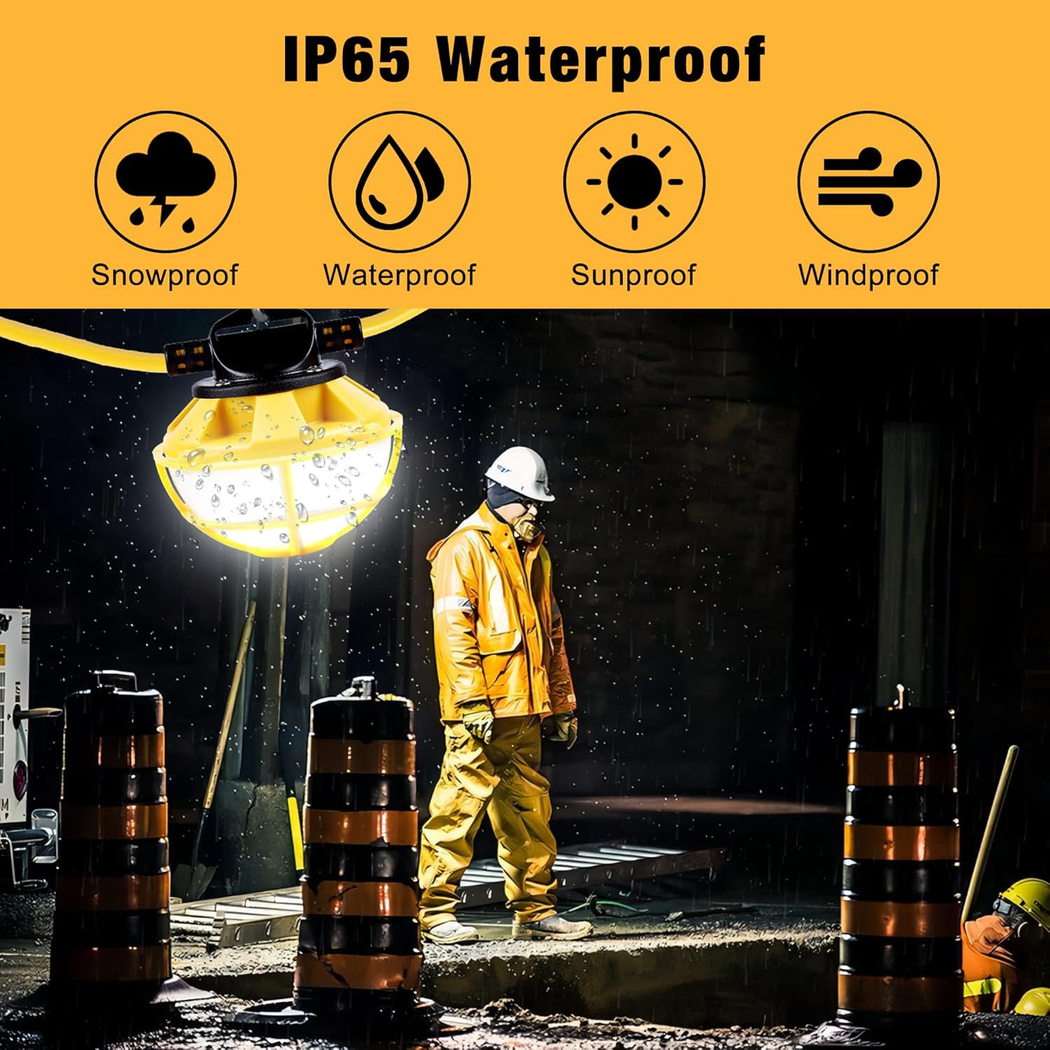 Cadena de luces de construcción de 100 pies con jaula protectora de 100 W, 12000 lúmenes, cadena de luces LED industriales, IP65, impermeable, súper