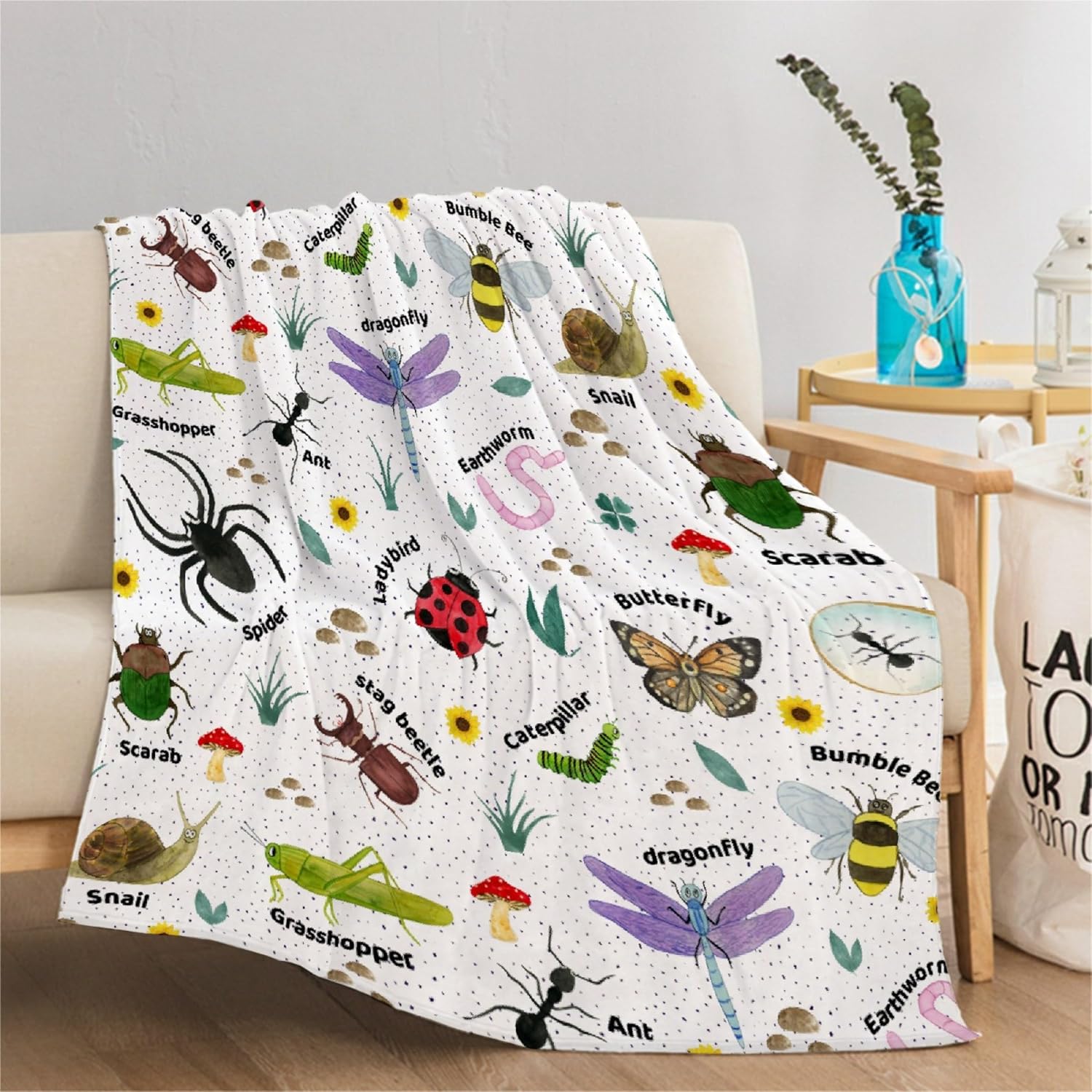 Manta de insectos de insectos, regalos para amantes de los insectos para niños y niñas, manta acogedora de escarabajos ultra afelpada para