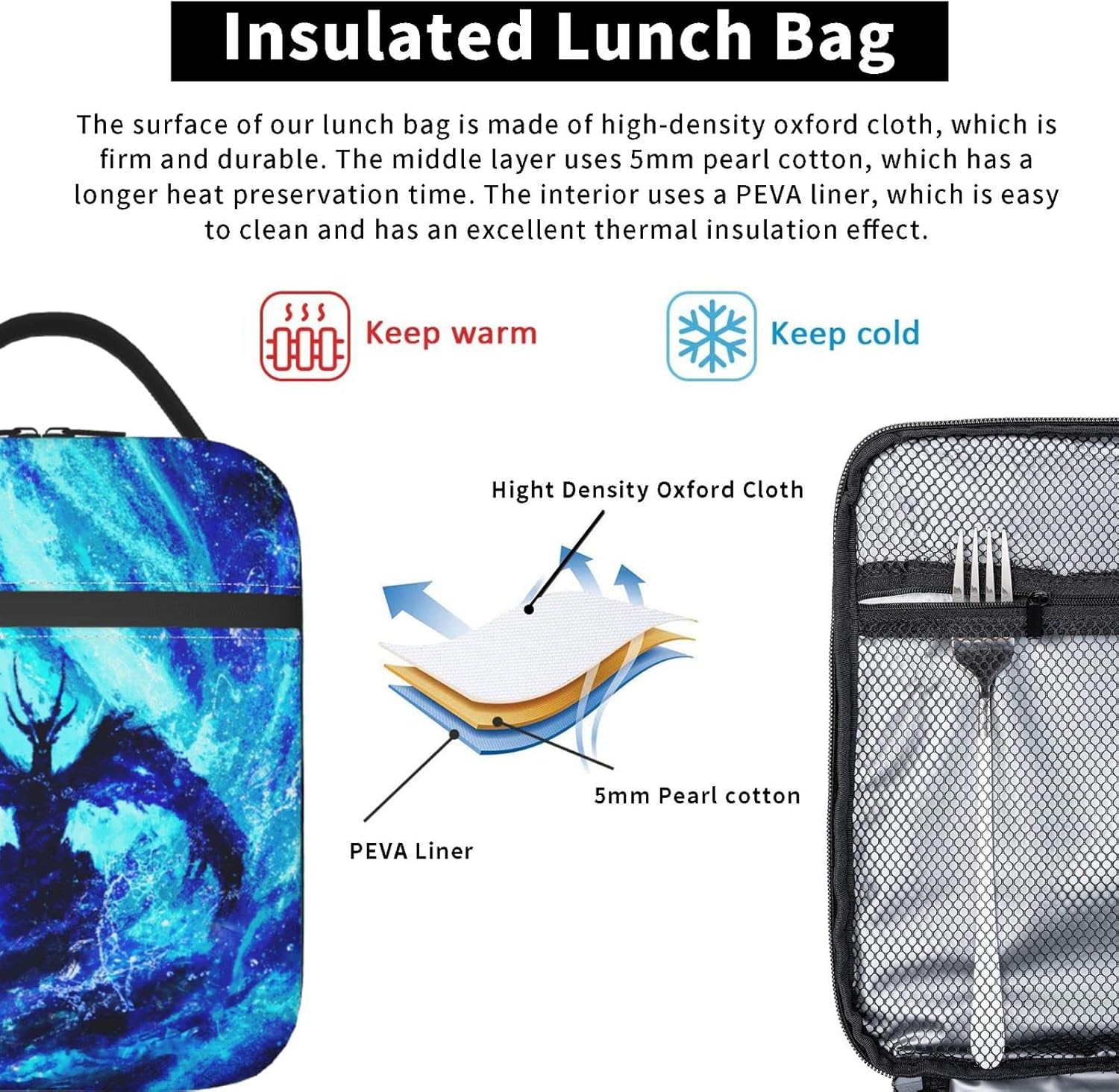 EKAZROMY Lonchera térmica con diseño de dragón azul, bolsas de almuerzo personalizadas con nombretexto impreso para adultos, niños, hombres, bolsas