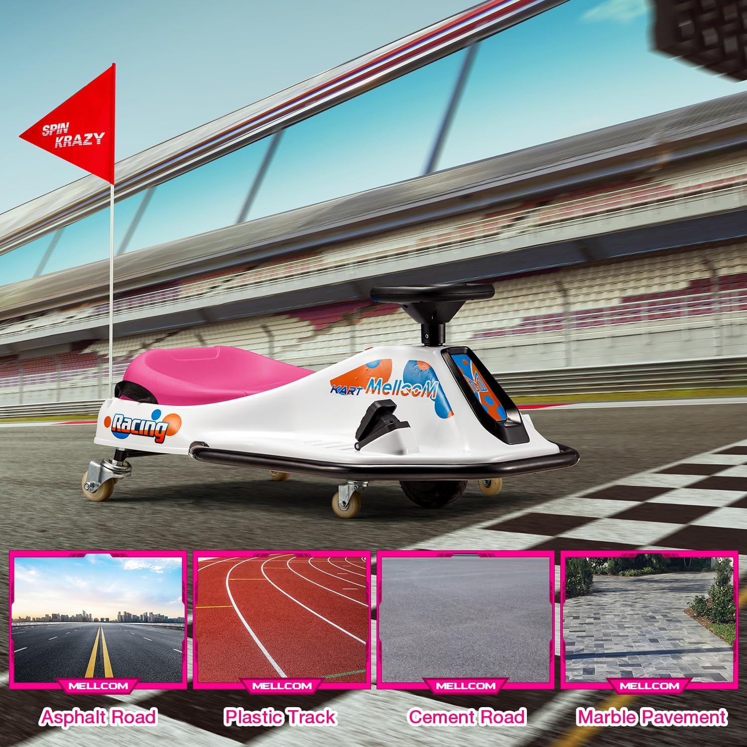 MELLCOM Coche de deriva para niños, automóvil eléctrico para niños de 12 V con ruedas universales giratorias de 360, auto de juguete eléctrico para