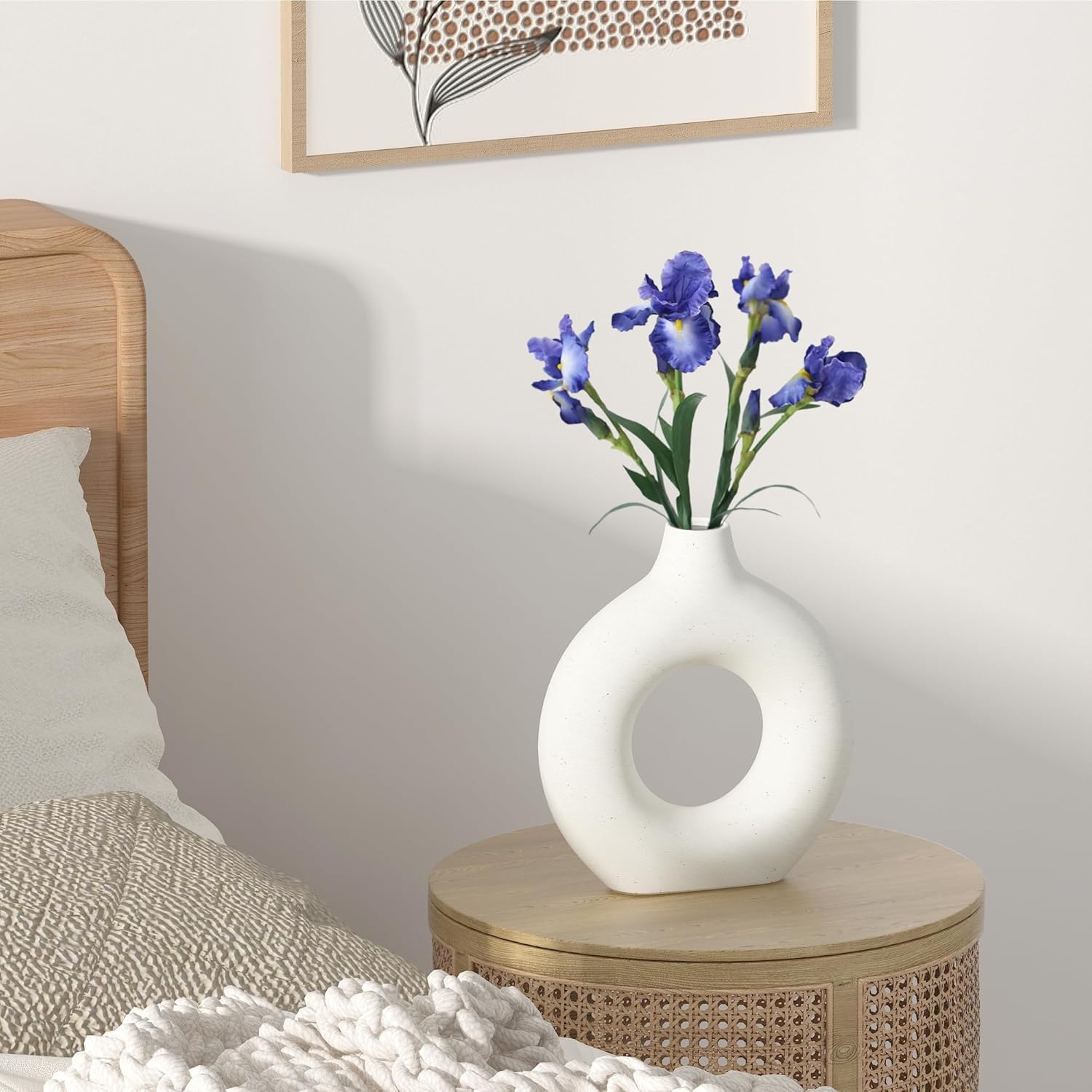 Jarrón bohemio de cerámica blanca, jarrón Dount para pampas, estilo minimalista nórdico, jarrones de flores mate para granja, sala de estar, mesa,