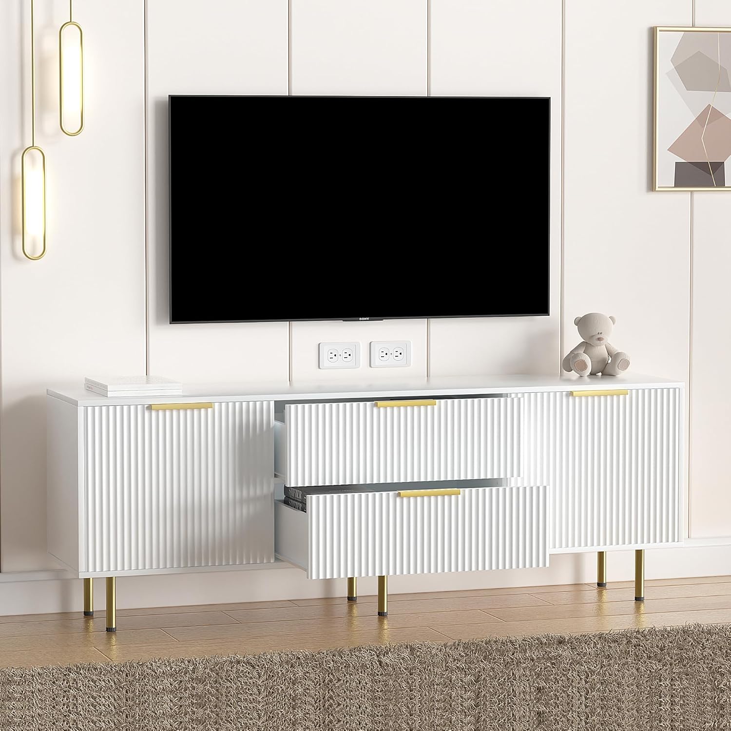 Furniwood Soporte de TV moderno de mediados de siglo para TV de más de 65 pulgadas, centro de entretenimiento con almacenamiento y 2 cajones