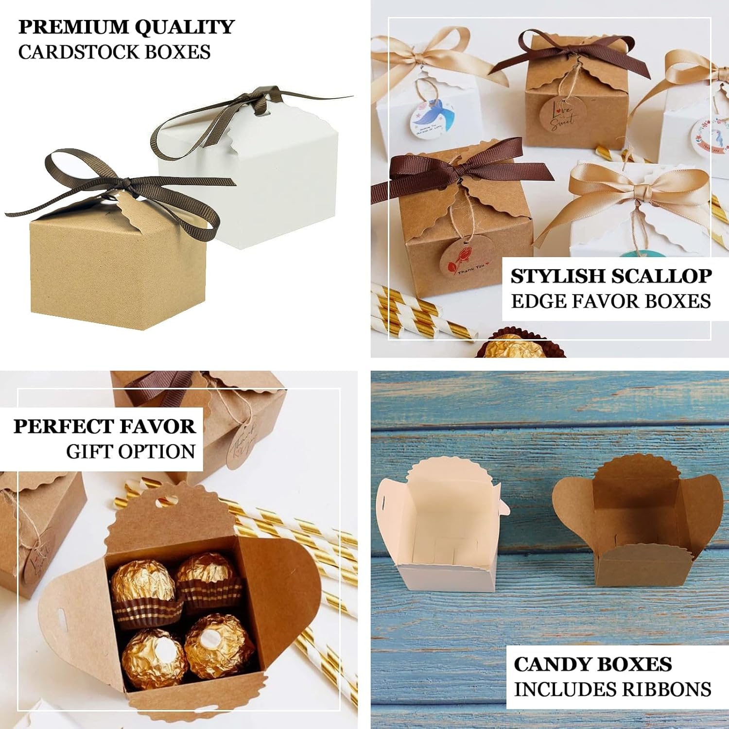 Efavormart – Paquete de 25 cajas de regalo con borde festoneado blanco, cajas de regalo de dulces para fiesta de boda con cintas de grogrén – 2.5 x