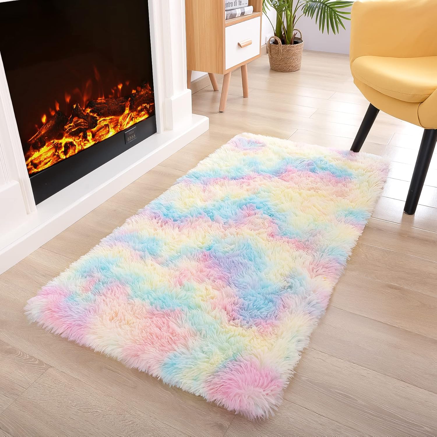 Noahas Alfombra esponjosa de arcoíris para dormitorio de niñas, alfombras peludas para sala de juegos de niños, alfombras Kawaii mullidas para