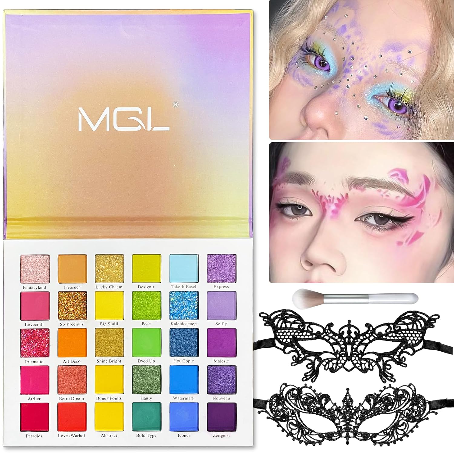 Paleta de sombras de ojos de Halloween, paleta de sombra de ojos arcoíris de 30 colores y máscara de encaje, colores brillantes y vibrantes, sombras