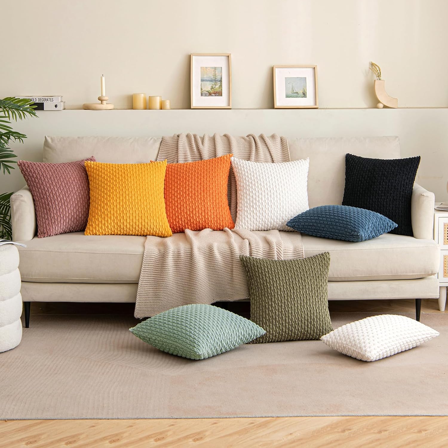 EMEMA Juego de 2 fundas de almohada de otoño de 16 x 16 pulgadas, fundas de almohada cuadradas de pana suave a rayas, decoración del hogar rural