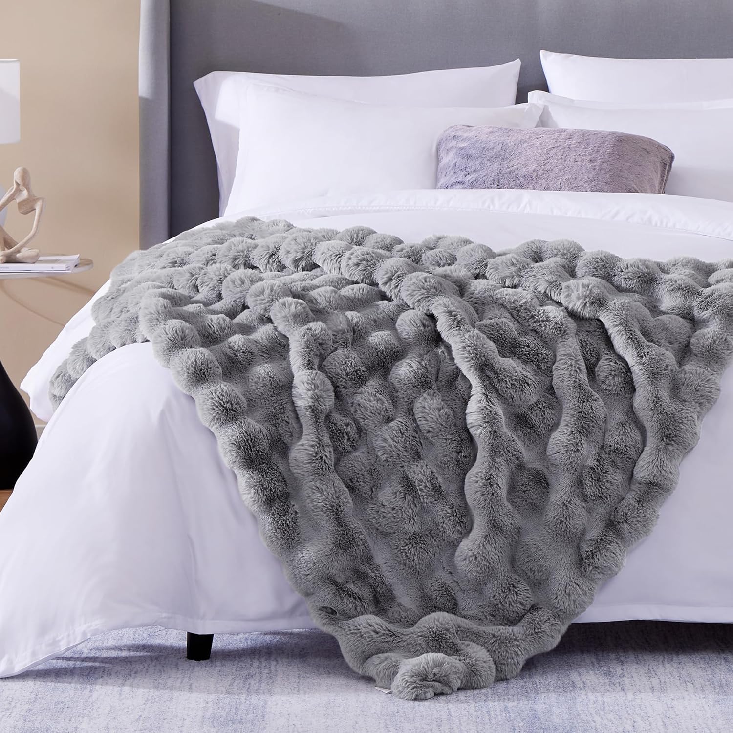 CozyBloom Manta de piel sintética suave de lujo para sofá, manta decorativa y acogedora de felpa larga y esponjosa, manta peluda de forro polar gris