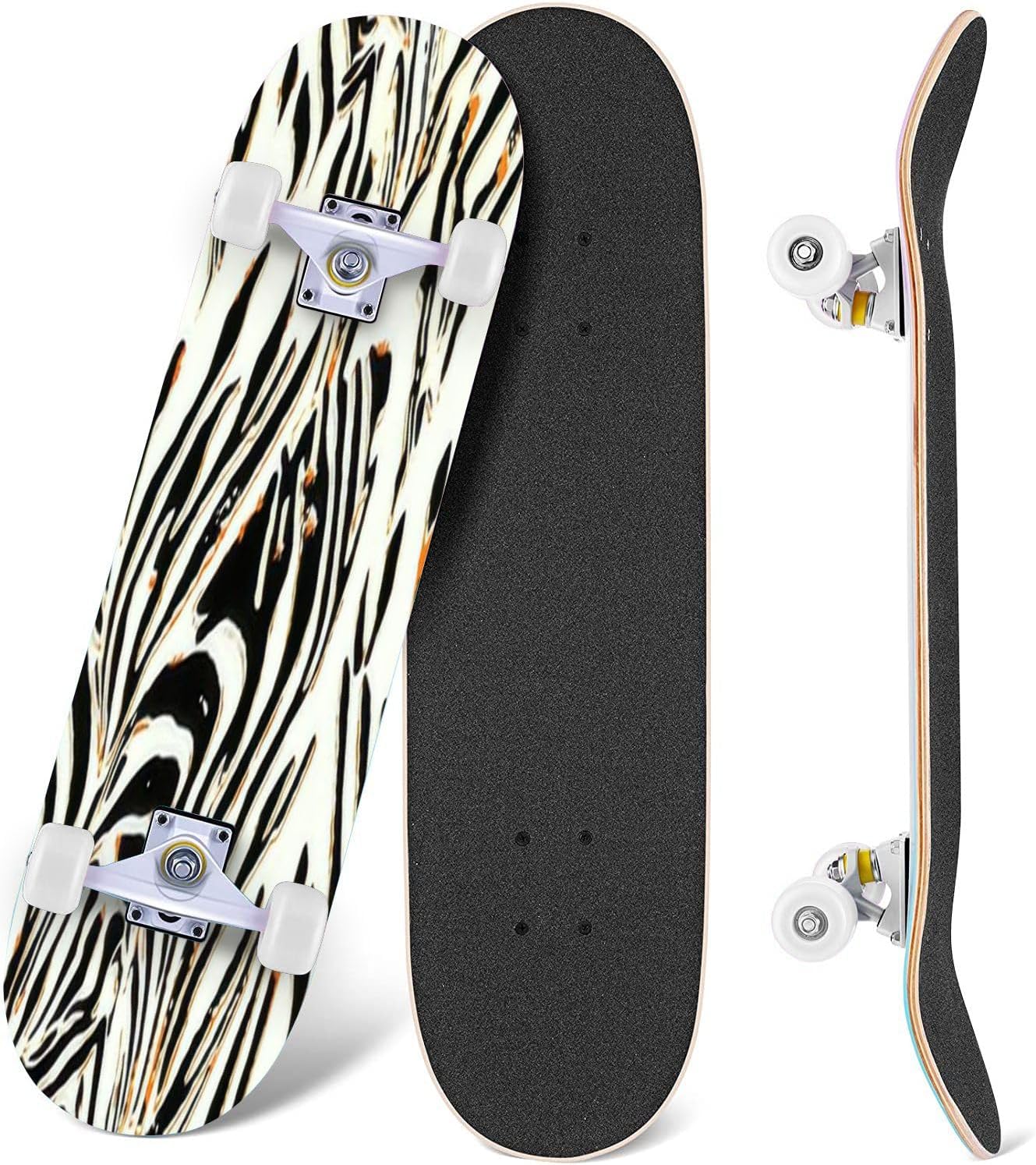 Zebra Leopard – Patinetas cóncavas de doble patada para principiantes, 31 x 8 pulgadas, diseño de leopardo negro y blanco, para adultos, jóvenes,