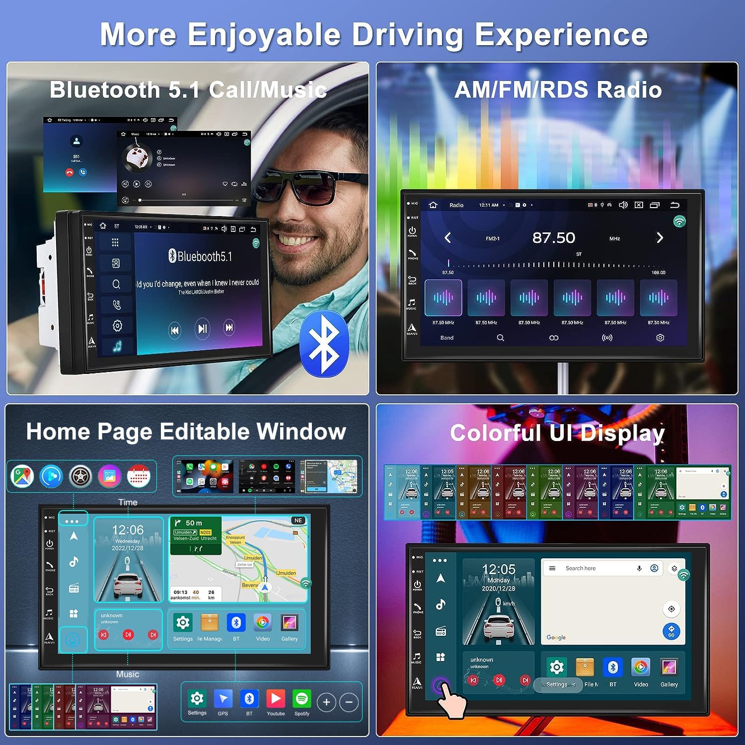 Podofo 8-core 4+64G Android coche estéreo doble DIN Radio con Carplay inalámbricoAndroid Auto 7 pulgadas IPS pantalla táctil Headunit Soporte Espejo