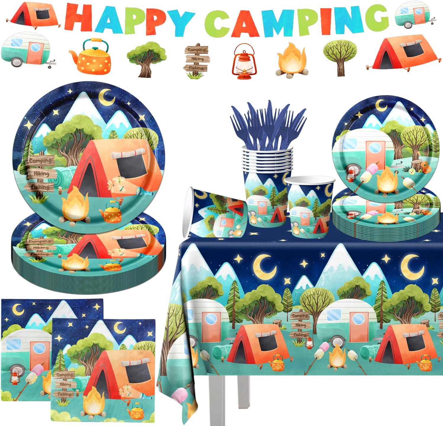 Decoración de fiesta de cumpleaños para campamento, vajilla de campamento feliz, platos desechables para campamento feliz, servilletas, vasos,