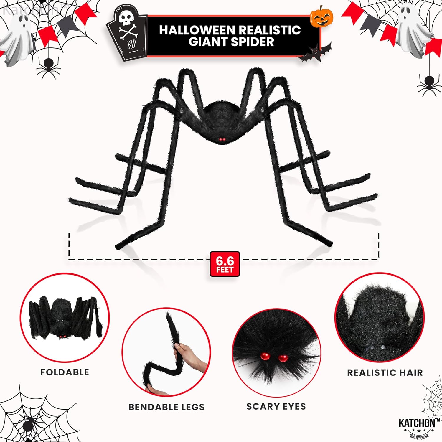 Katchon, Decoraciones de Halloween de araña gigante, paquete de 2, telaraña triangular de Halloween para exteriores, cuerda de telaraña, decoración