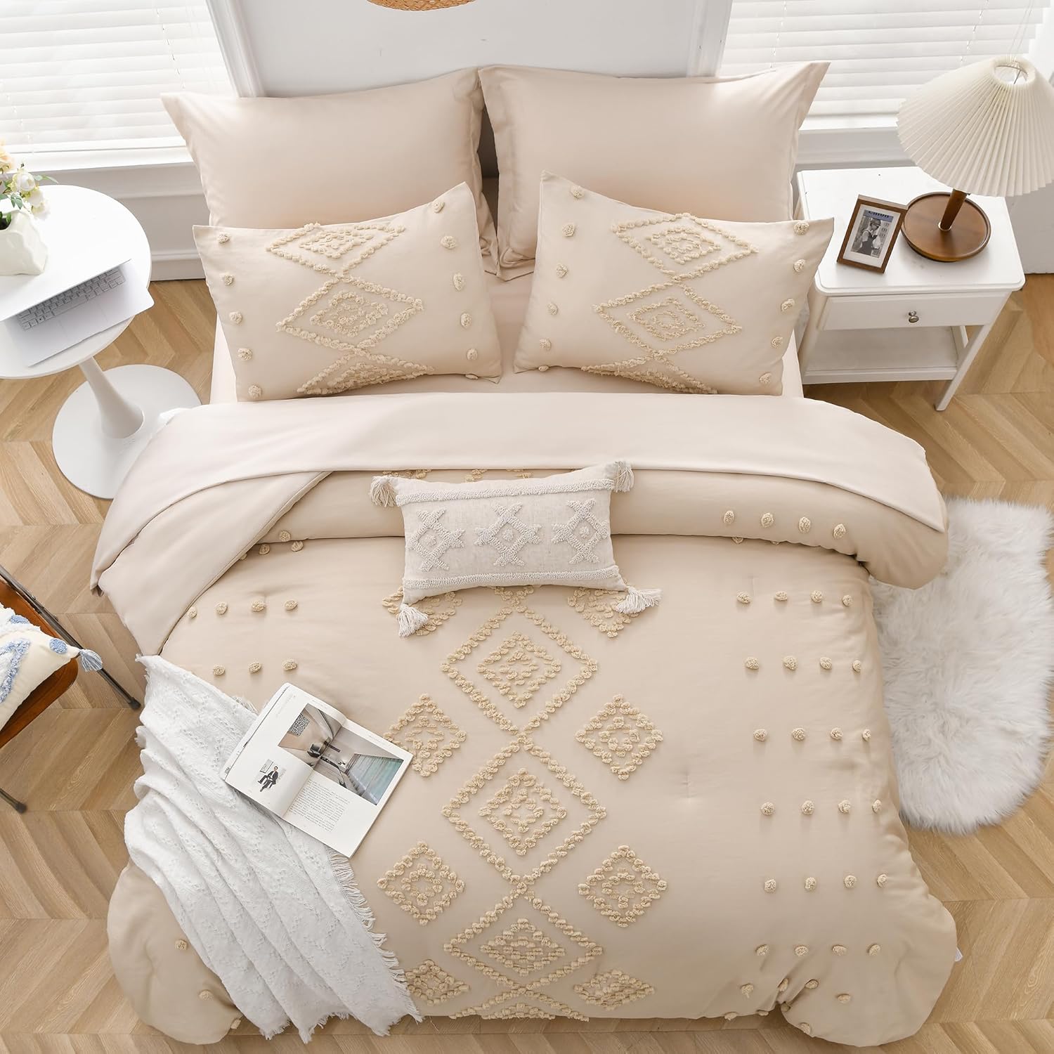MEILA Juego de edredón beige tamaño Queen  7 piezas, cama en una bolsa con juego de edredón alternativo acolchado esponjoso para todas las