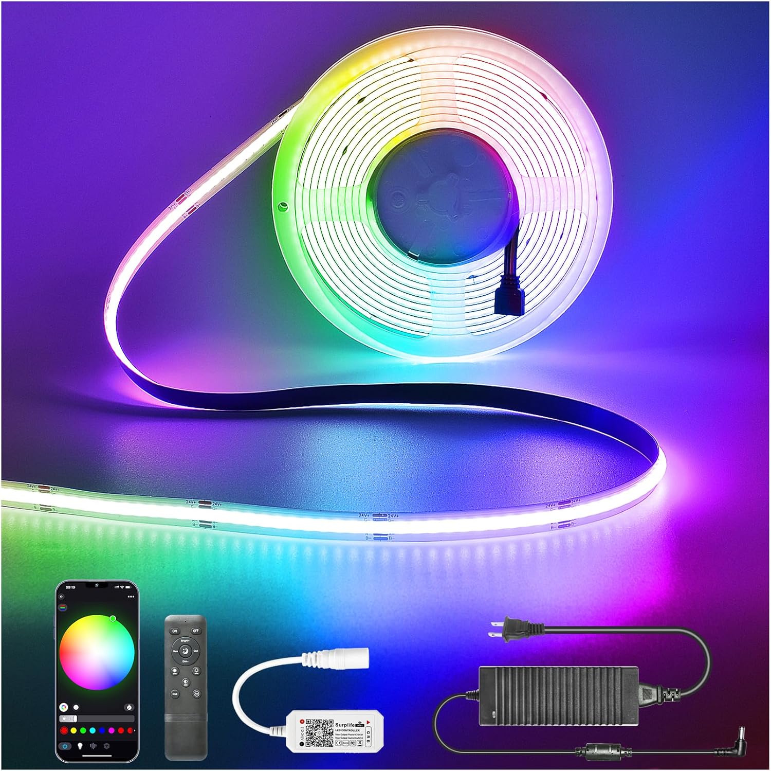 INDARUN Tira de luz LED COB de 24 V, 32.8 pies, 5760 LED de 0.394 in de ancho, tira LED RGB inteligente con sincronización de música, luces que