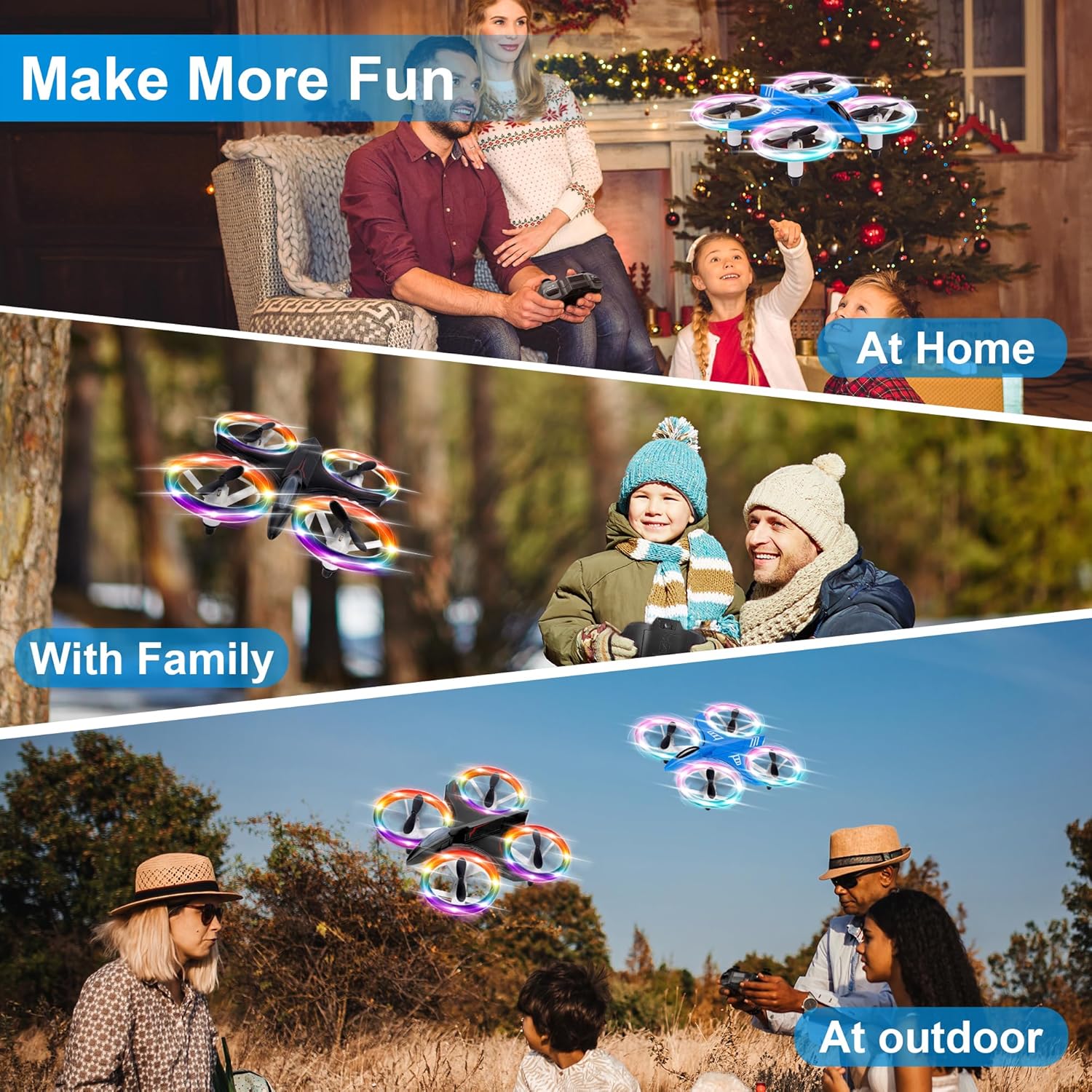 Drones para niños, paquete de 2 con luces LED coloridas deslumbrantes, mini dron para niños, 2 baterías, control remoto, modo sin cabeza, giro 3D,
