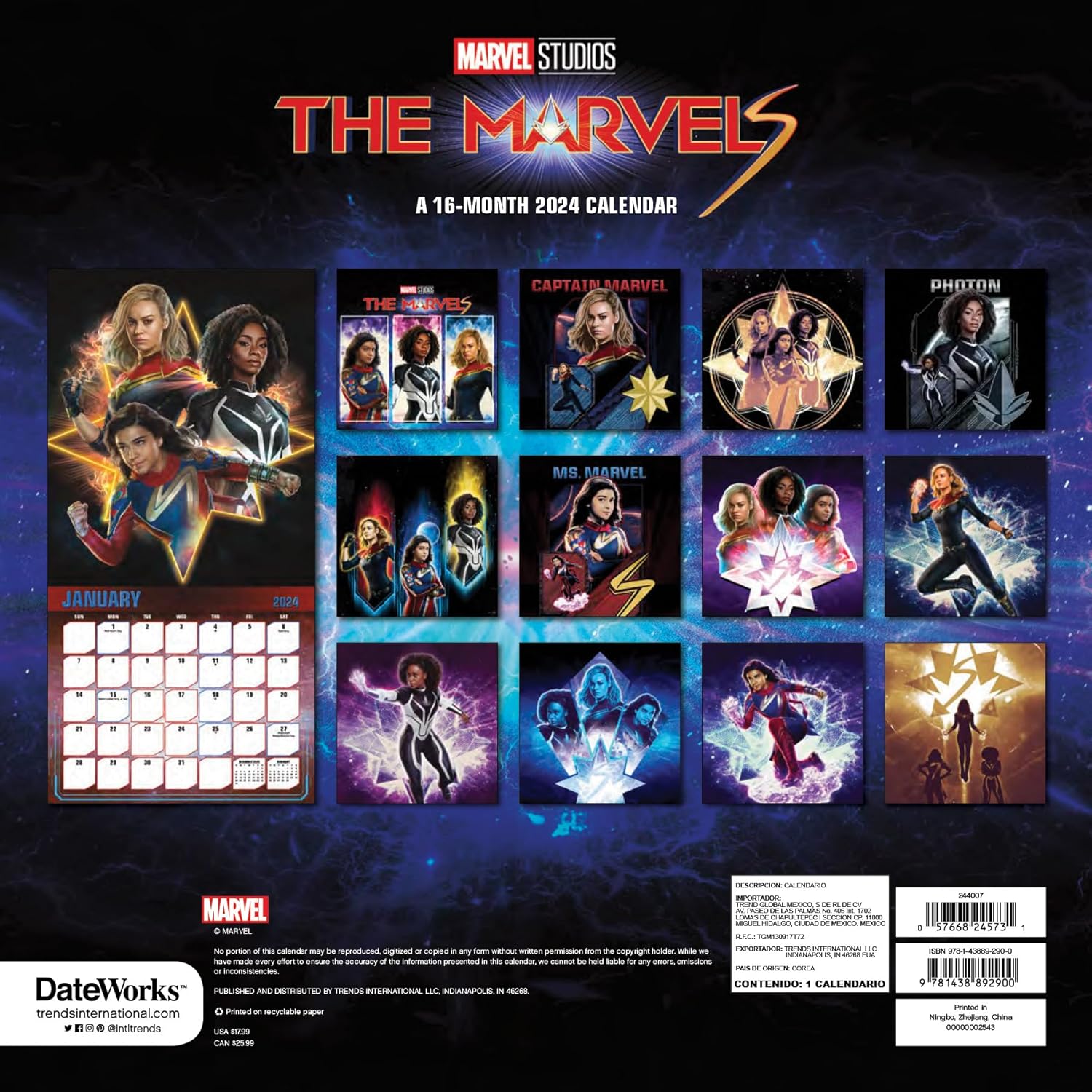 Calendario de Capitana Marvel 2024  Paquete de calendario de pared de lujo de Capitán Marvel 2024 con más de 100 calcomanías de calendario (regalos