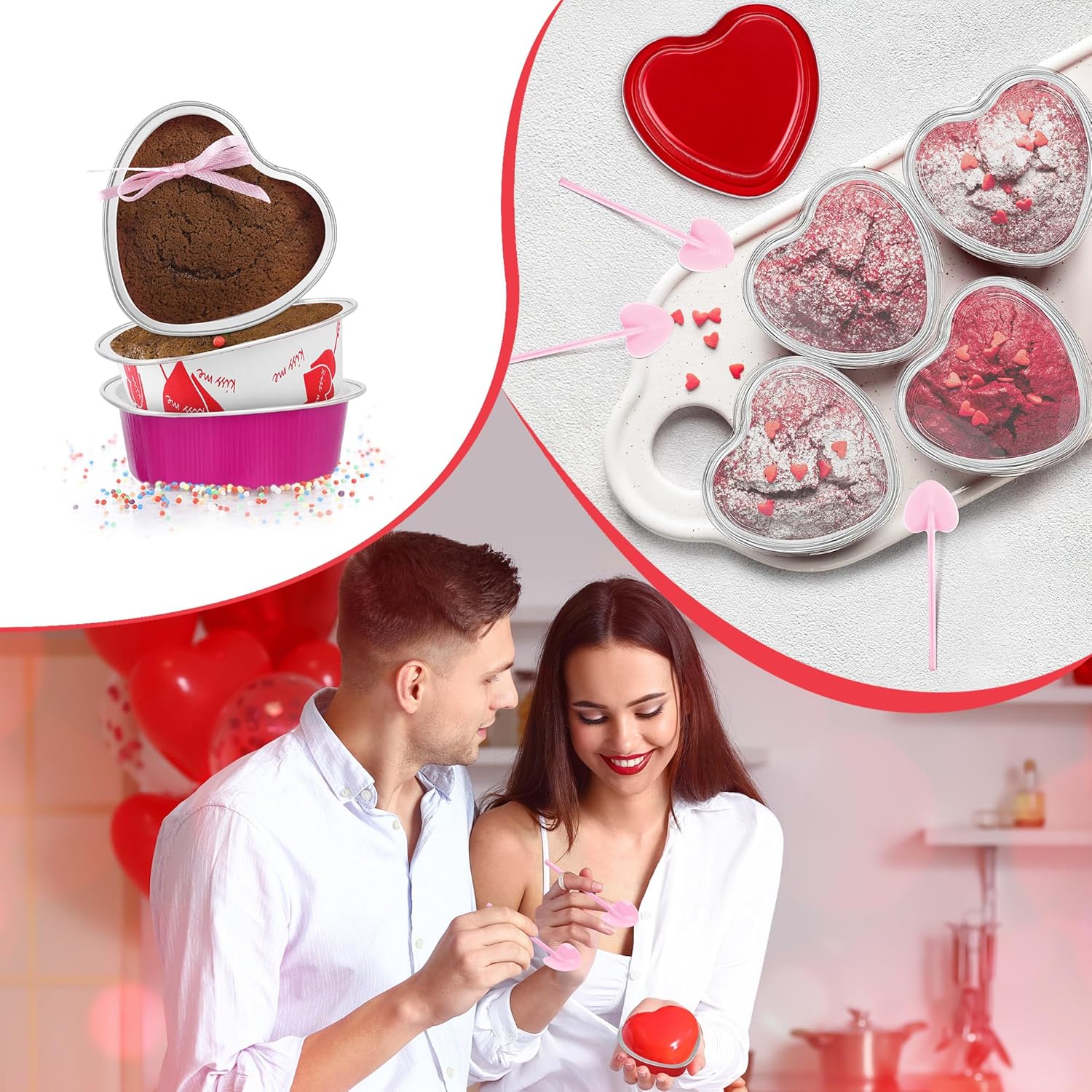 120 piezas de 3.4 onzas de 3.4 onzas en forma de corazón de San Valentín con tapas y cucharas, mini moldes de papel de aluminio para pasteles,