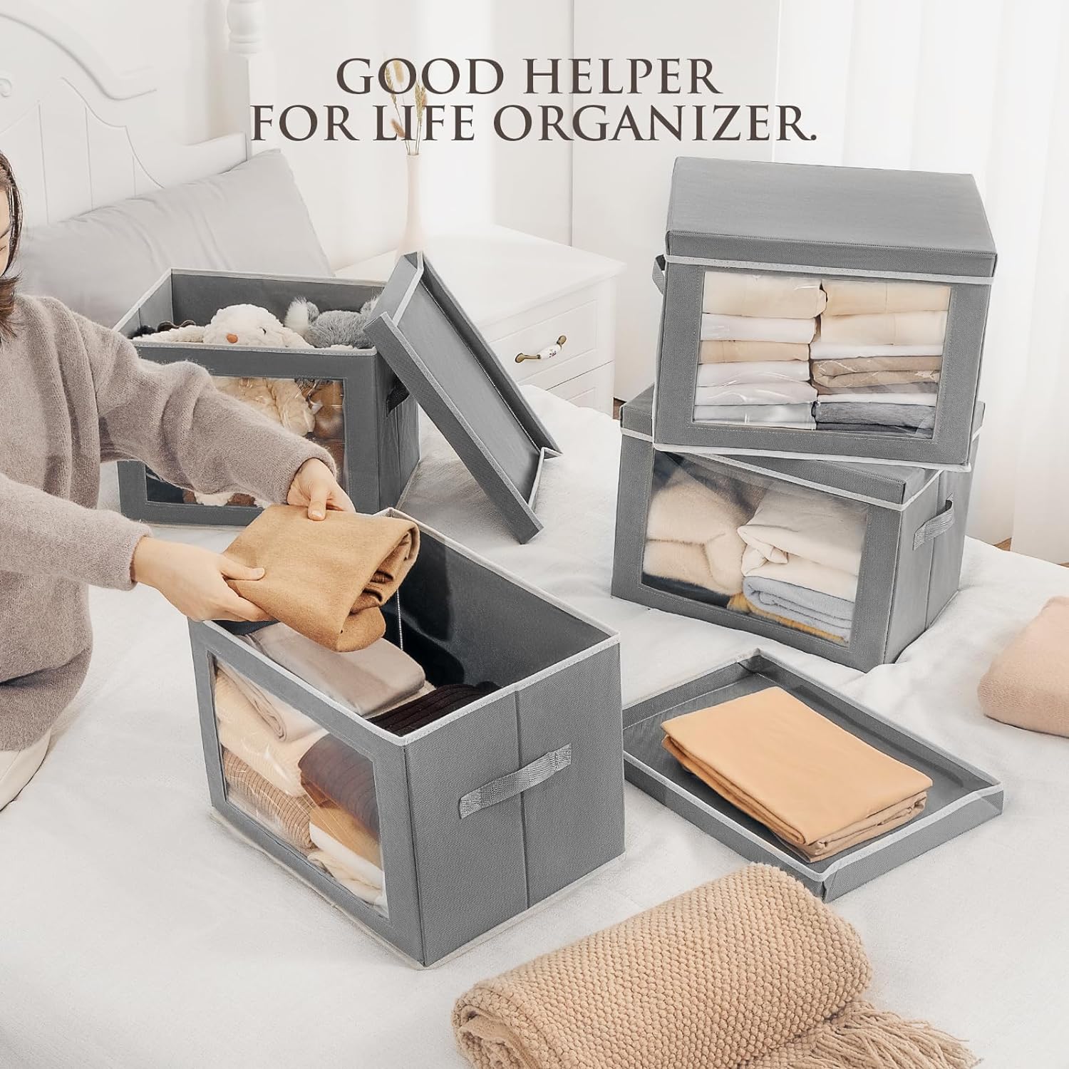 Contenedores de almacenamiento grandes con tapas, cubos de almacenamiento de tela con ventana, cajas de almacenamiento plegables para ropa,