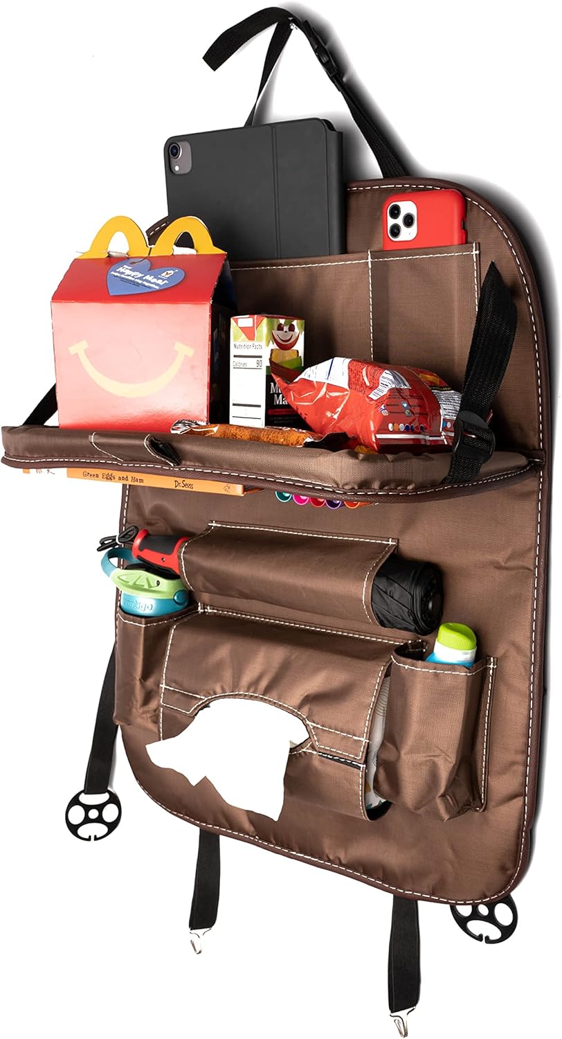 Organizador de asiento de automóvil resistente con bandeja de mesa plegable, soporte para tableta, 9 bolsillos de almacenamiento, protectores de