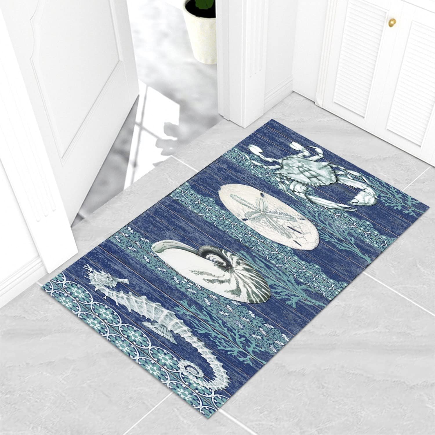 GUBIYU Alfombra rústica costera, alfombra de área de playa con océano, color azul marino, tapete para baño, tapete antideslizante para sala de