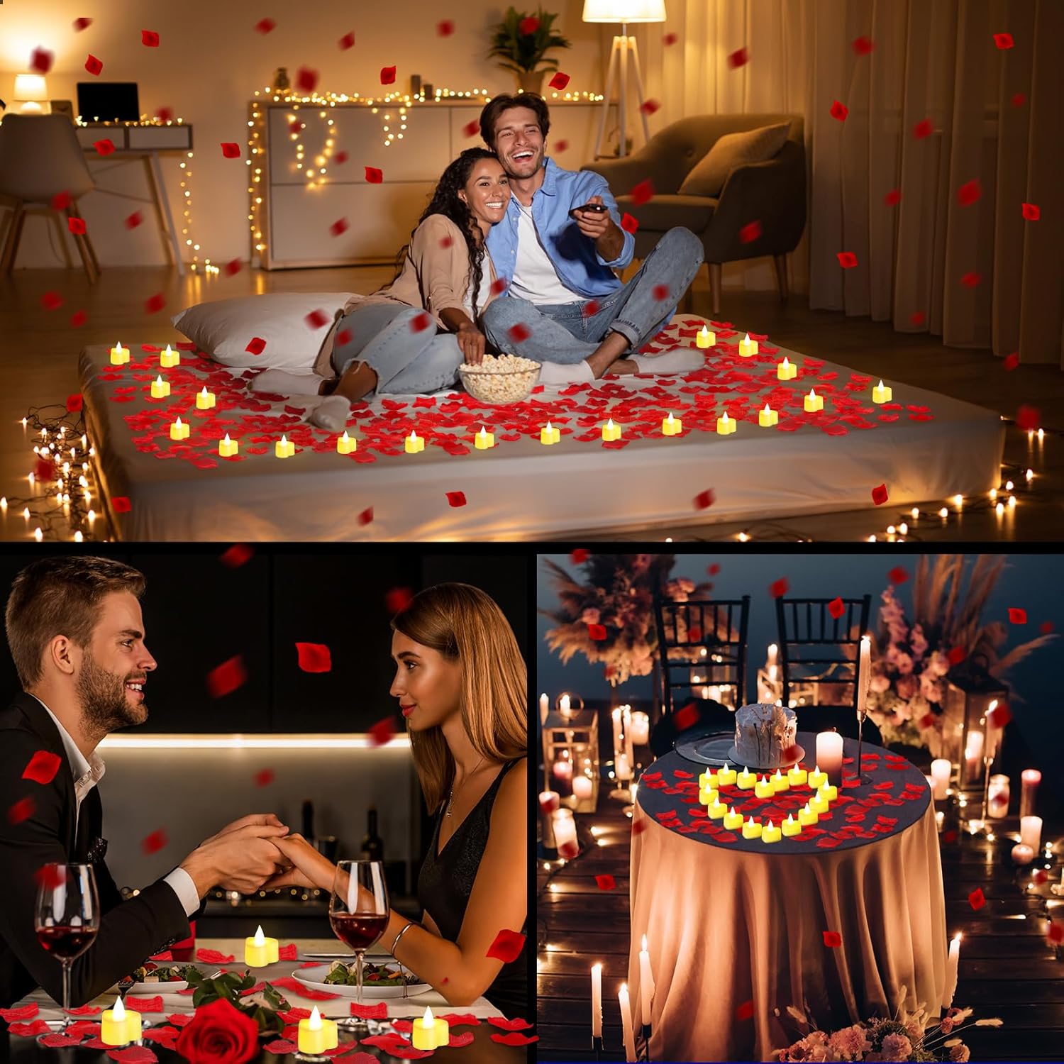 VIHOSE 4000 pétalos de rosa artificiales con 24 velas LED de té, velas LED sin llama, pétalos de rosa falsos para propuesta, boda, noche de San