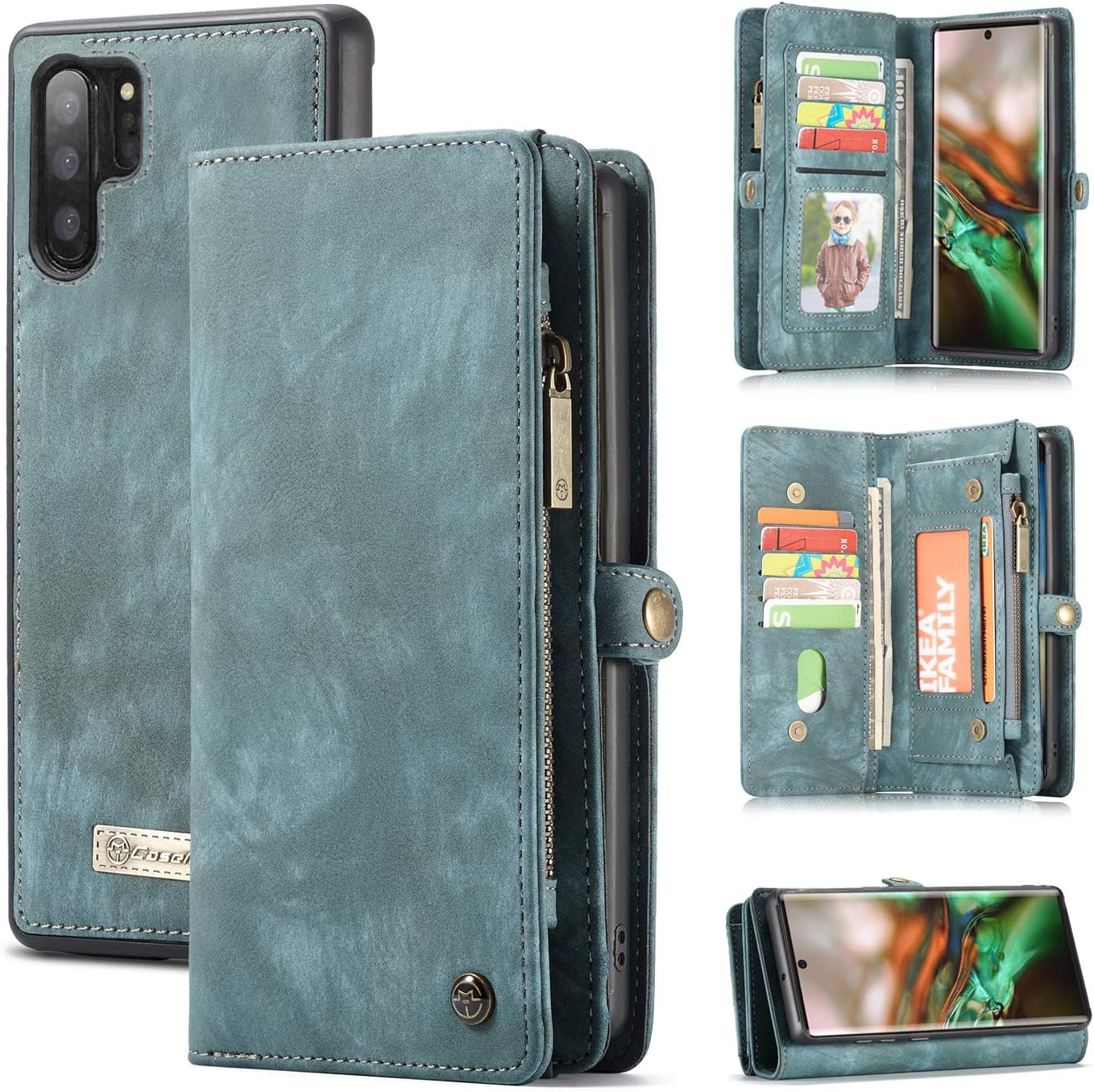 Funda tipo cartera para Samsung Galaxy Note 10 Plus, 2 en 1, de piel duradera, magnética, desmontable, con ranuras para tarjetas, cremallera y funda