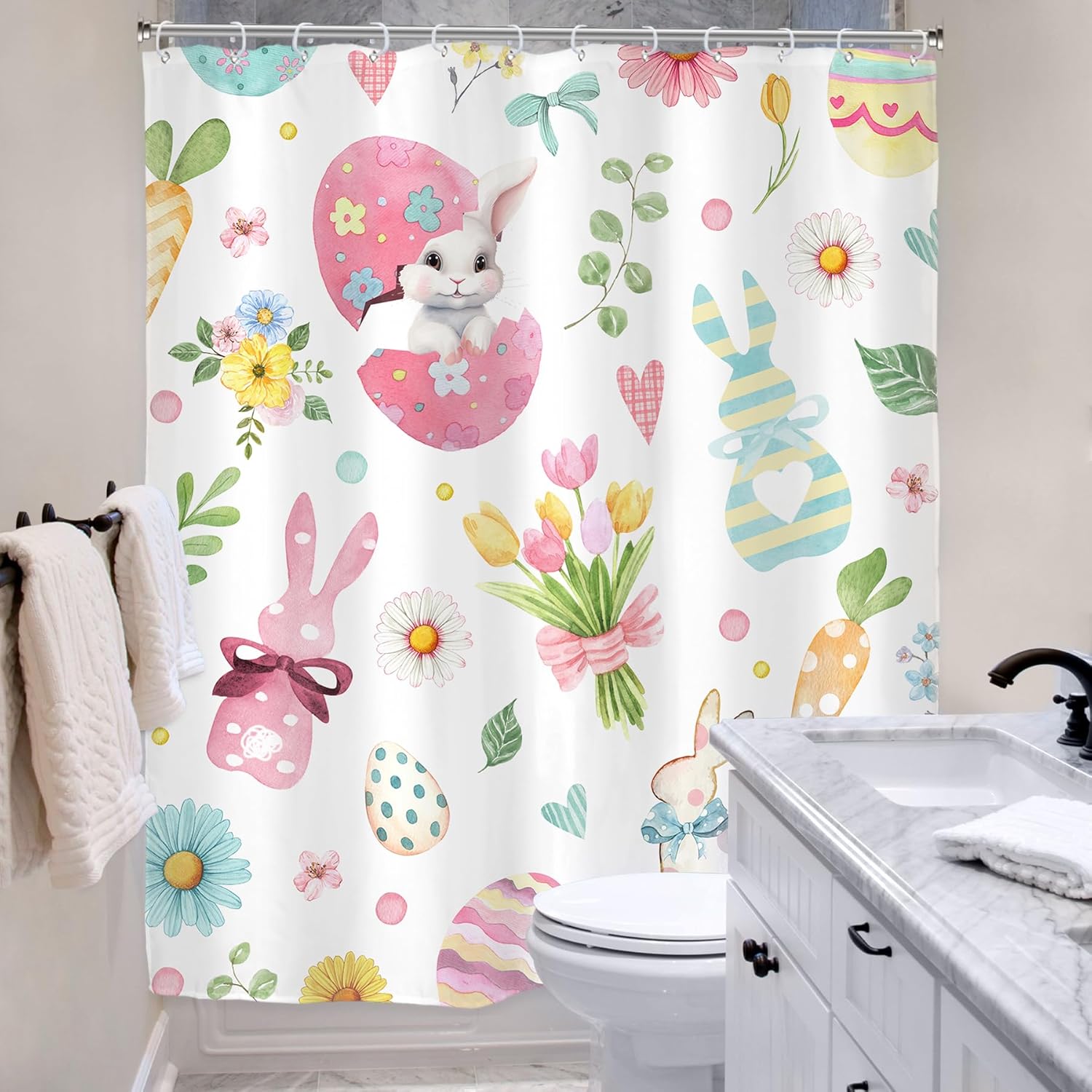 Riyidecor Cortina de ducha de conejo de Pascua para decoración de baño, 60 pulgadas de ancho x 72 pulgadas de alto, lindos huevos de conejo,