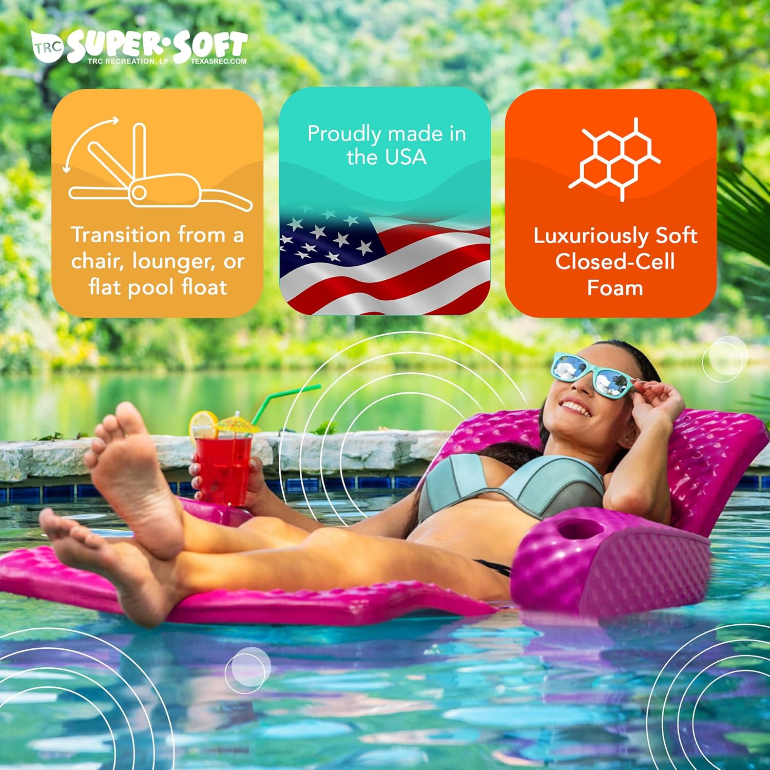 TRC Recreation Tumbona de agua flotante portátil súper suave para piscina, cómoda y ajustable, con 2 portavasos para reposabrazos